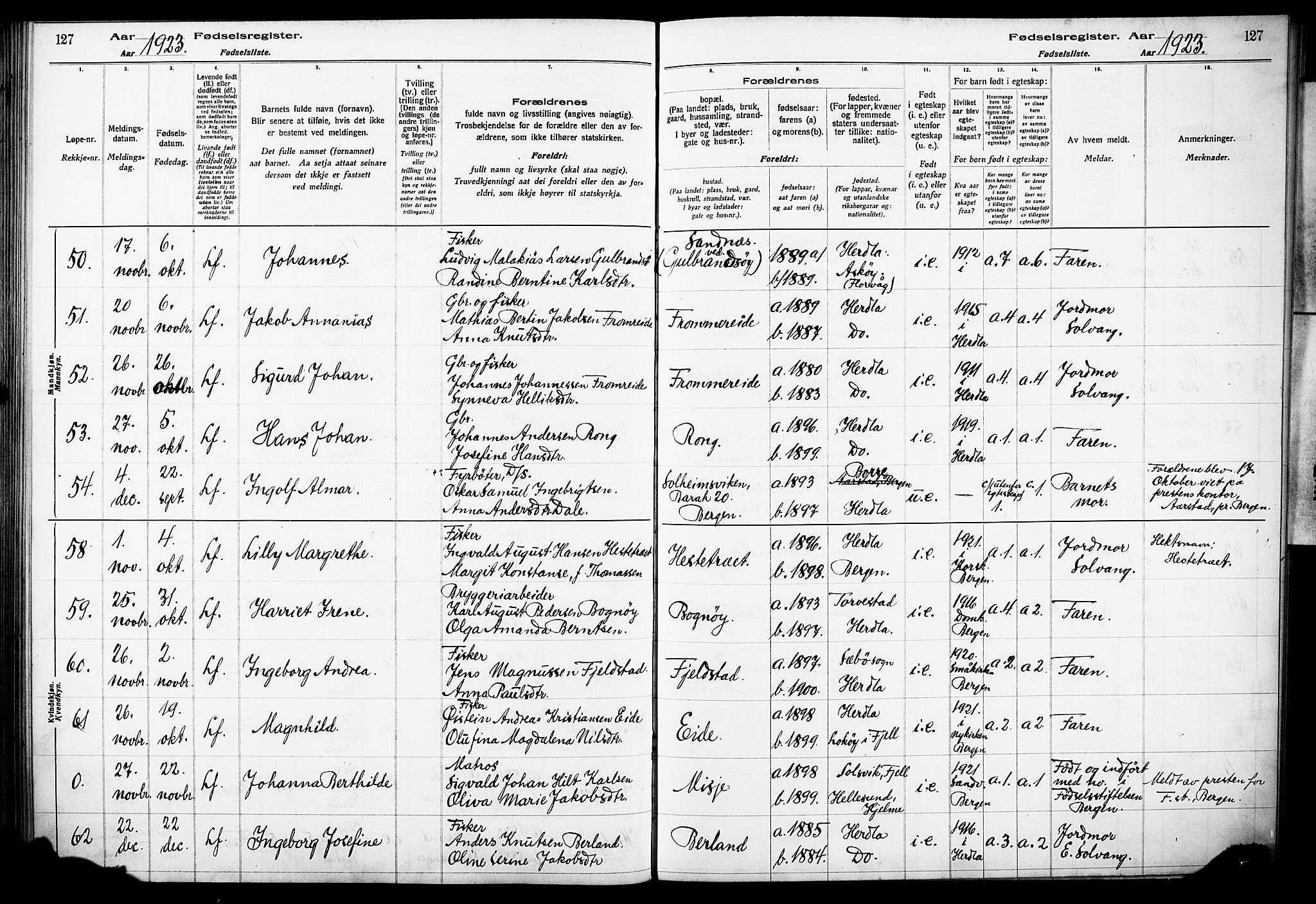 Herdla Sokneprestembete, AV/SAB-A-75701/I/Id/L00A1: Birth register no. A 1, 1916-1929, p. 127