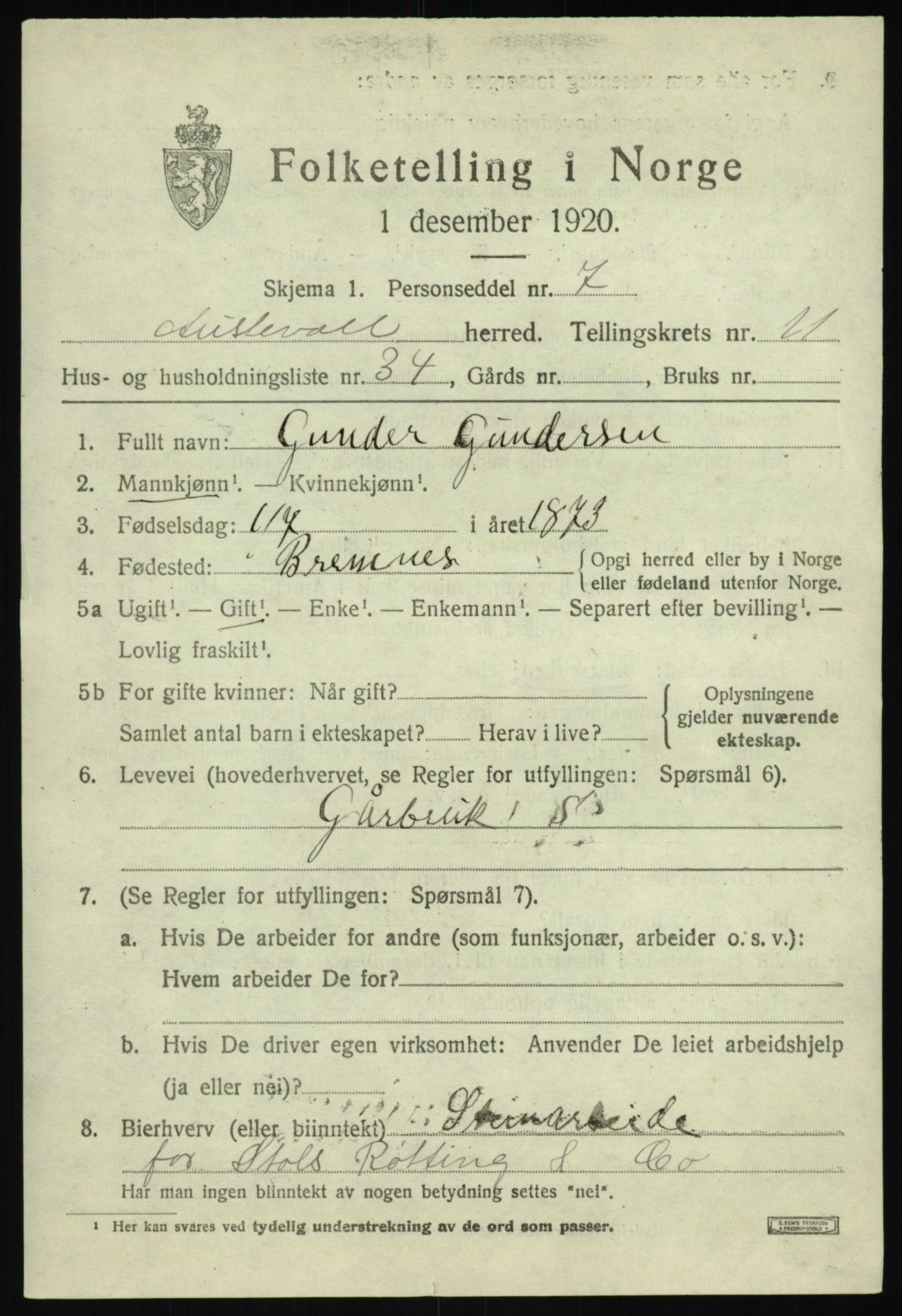 SAB, 1920 census for Austevoll, 1920, p. 6532