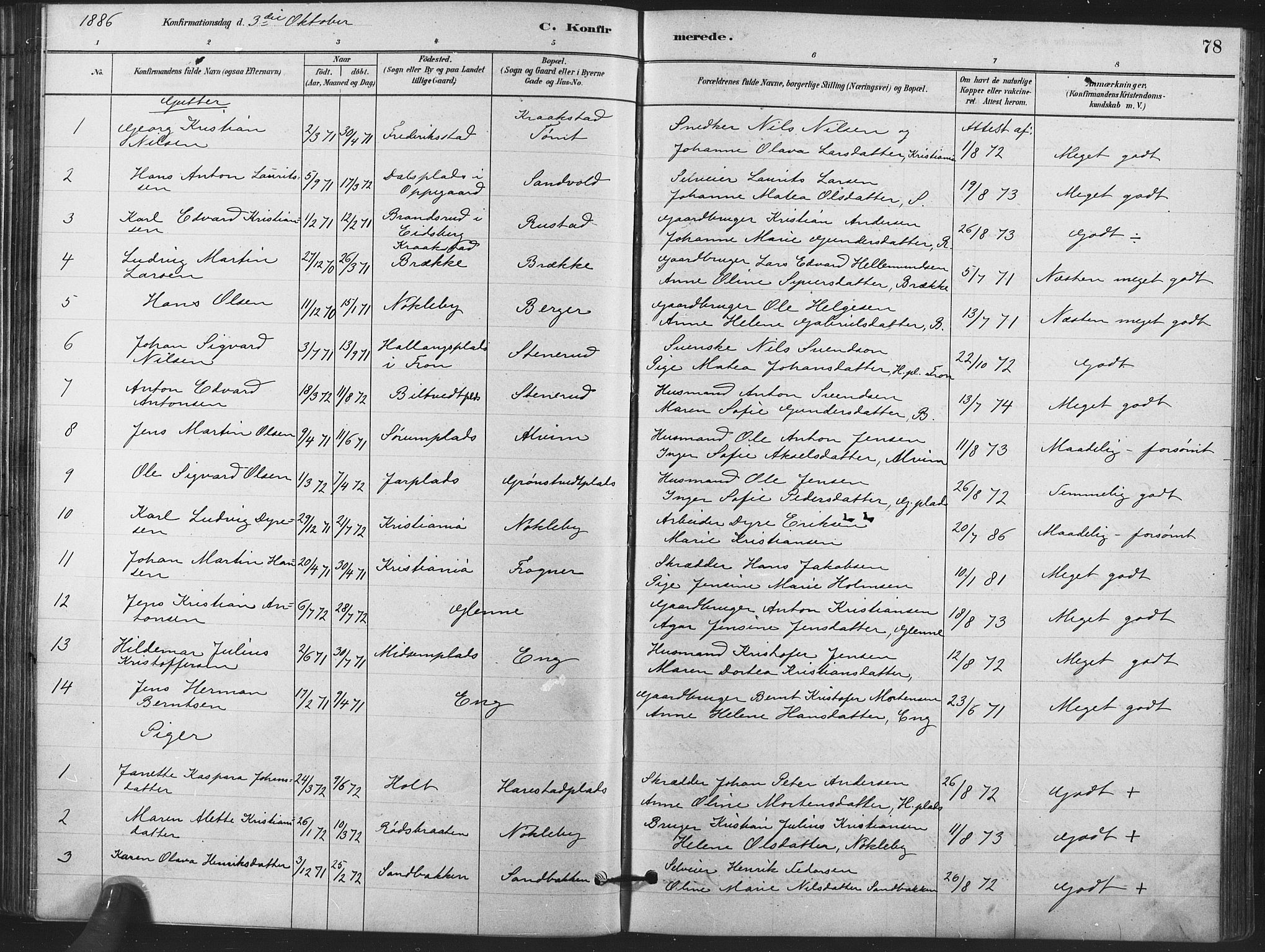 Kråkstad prestekontor Kirkebøker, AV/SAO-A-10125a/F/Fa/L0009: Parish register (official) no. I 9, 1880-1892, p. 78