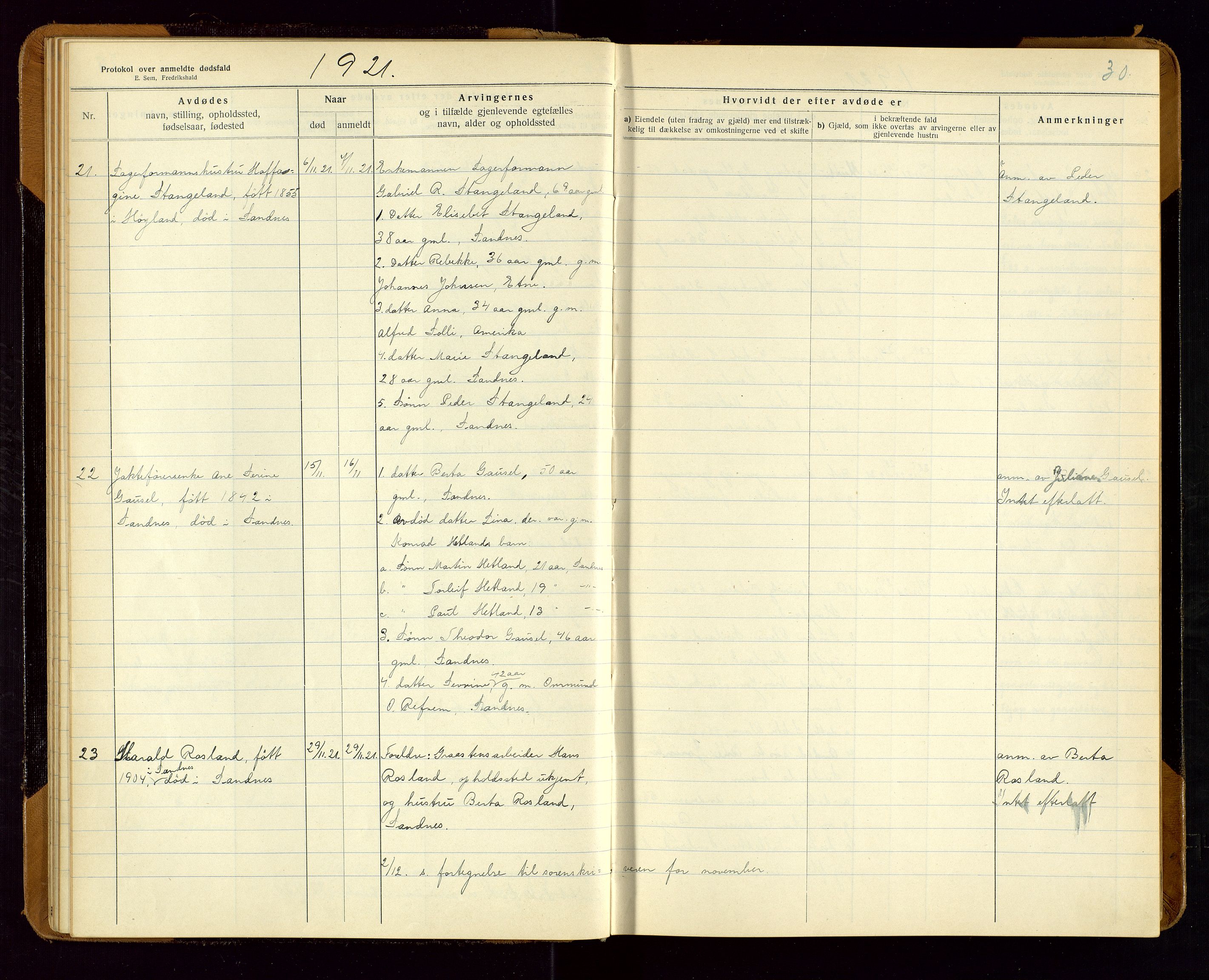 Sandnes lensmannskontor, SAST/A-100167/Gga/L0001: "Protokol over anmeldte dødsfald" m/register, 1918-1940, p. 30