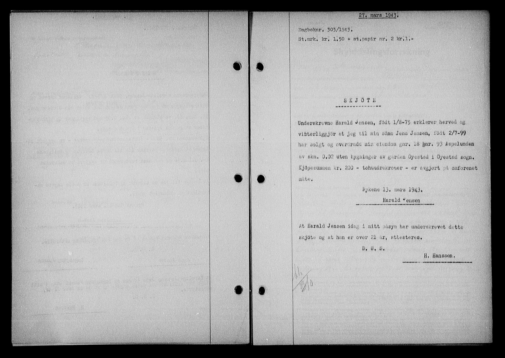 Nedenes sorenskriveri, SAK/1221-0006/G/Gb/Gba/L0050: Mortgage book no. A-IV, 1942-1943, Diary no: : 303/1943