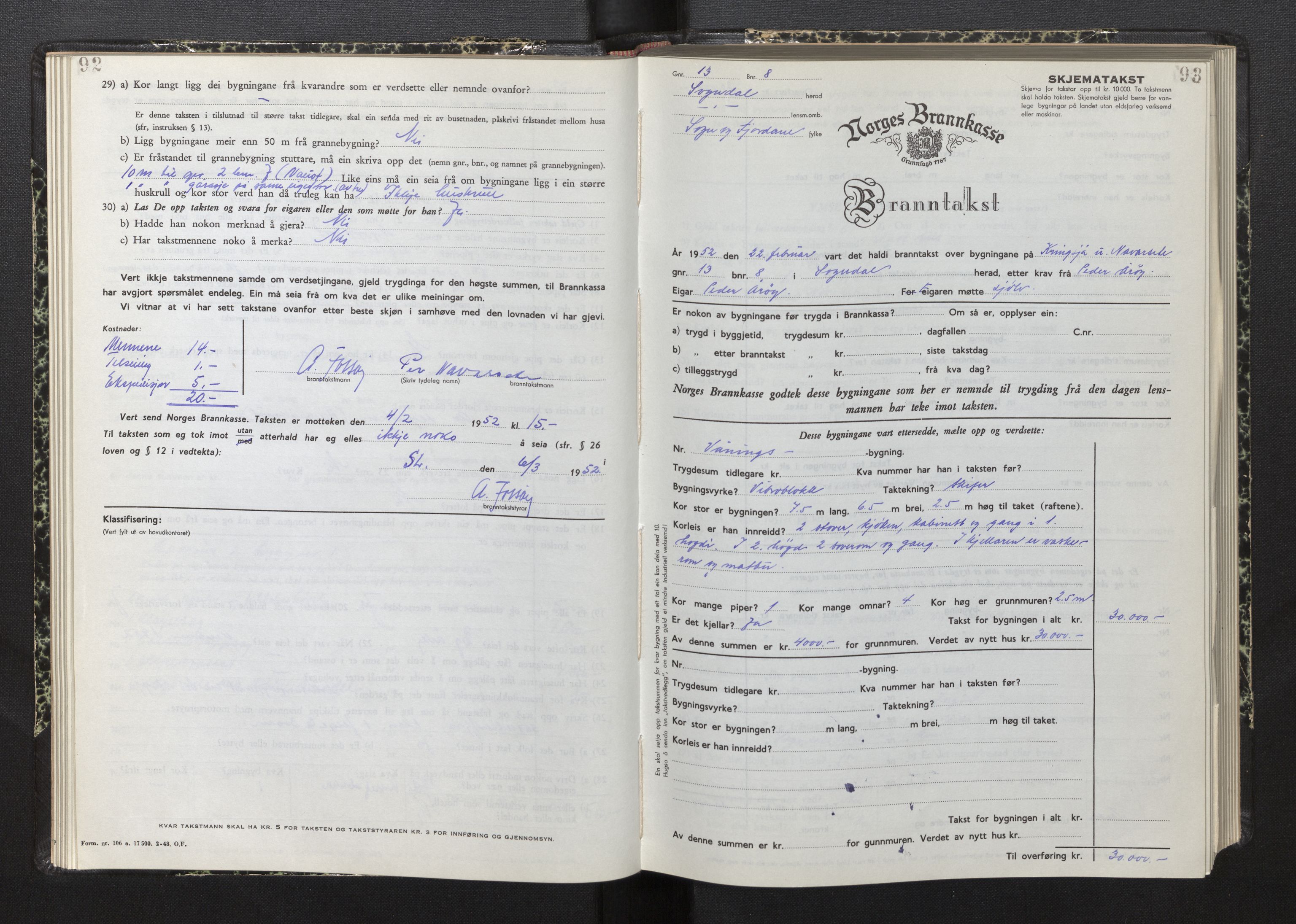 Lensmannen i Sogndal, AV/SAB-A-29901/0012/L0015: Branntakstprotokoll, skjematakst, 1950-1955, p. 92-93