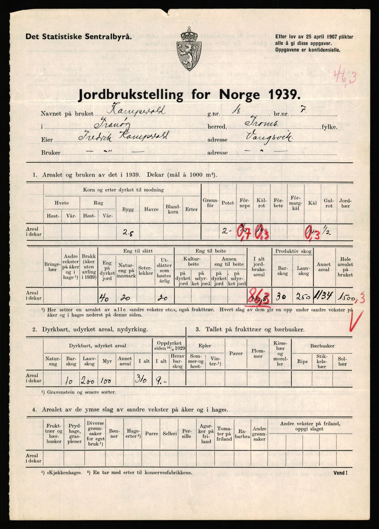 Statistisk sentralbyrå, Næringsøkonomiske emner, Jordbruk, skogbruk, jakt, fiske og fangst, AV/RA-S-2234/G/Gb/L0341: Troms: Sørreisa og Tranøy, 1939, p. 1635