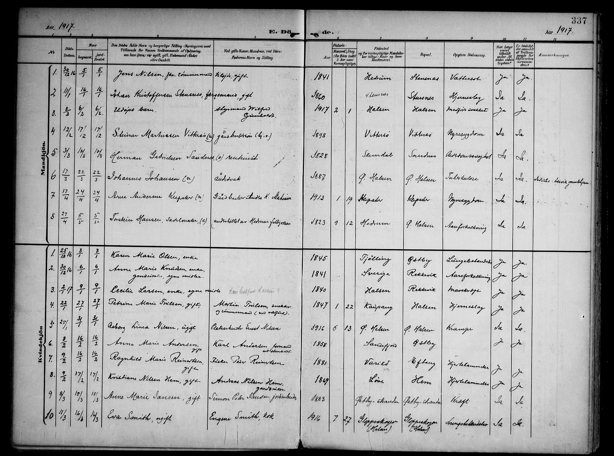 Tjølling kirkebøker, AV/SAKO-A-60/F/Fa/L0010: Parish register (official) no. 10, 1906-1923, p. 337