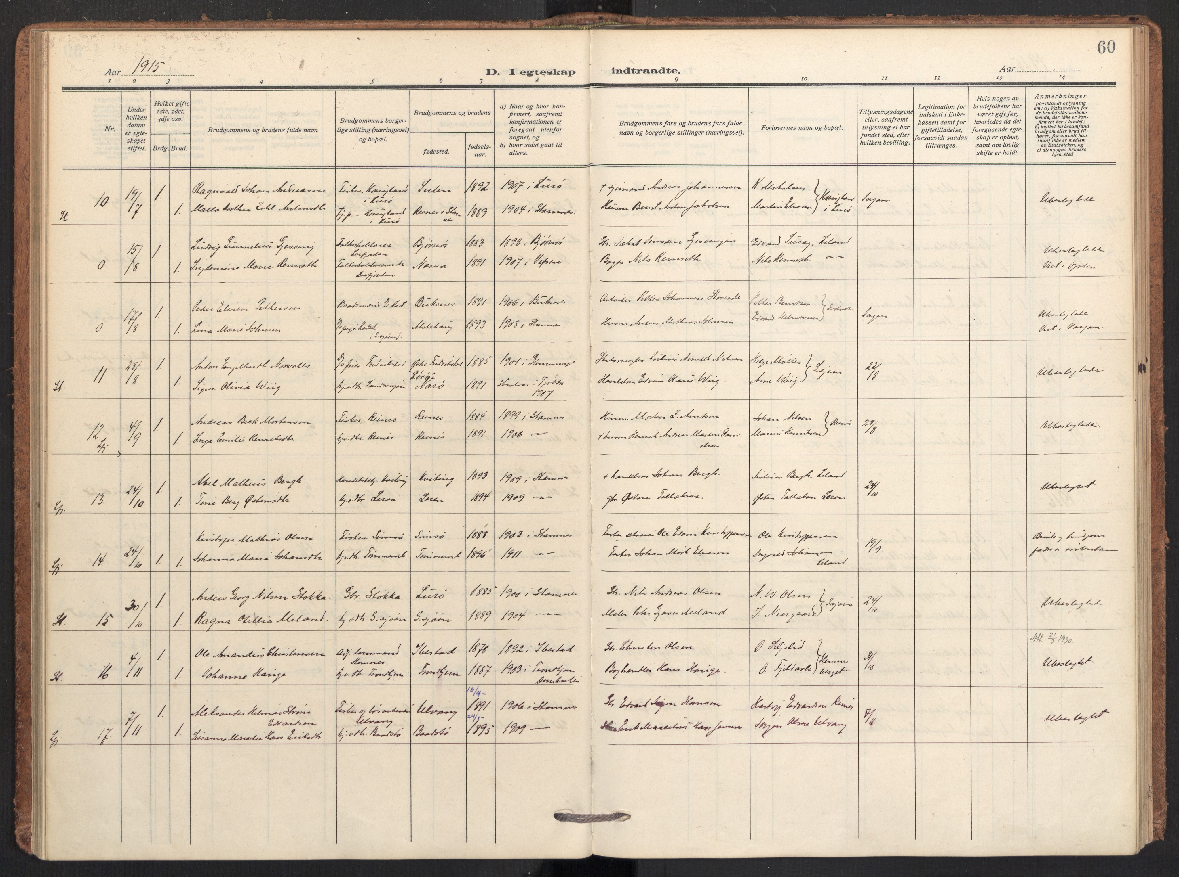 Ministerialprotokoller, klokkerbøker og fødselsregistre - Nordland, SAT/A-1459/831/L0473: Parish register (official) no. 831A04, 1909-1934, p. 60