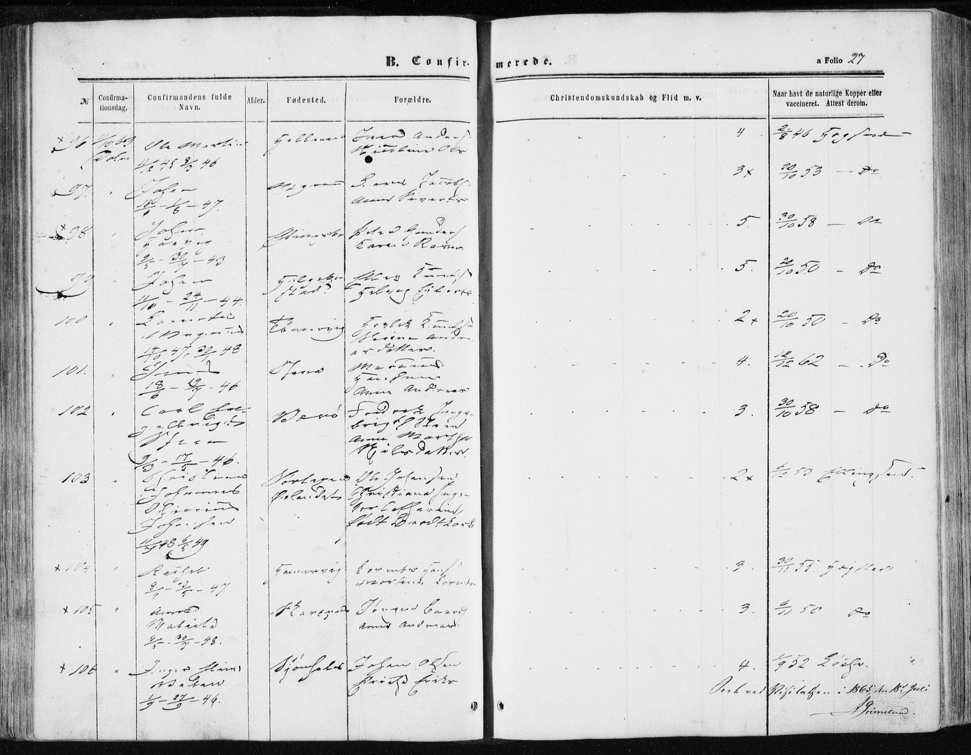 Ministerialprotokoller, klokkerbøker og fødselsregistre - Sør-Trøndelag, AV/SAT-A-1456/634/L0531: Parish register (official) no. 634A07, 1861-1870, p. 27