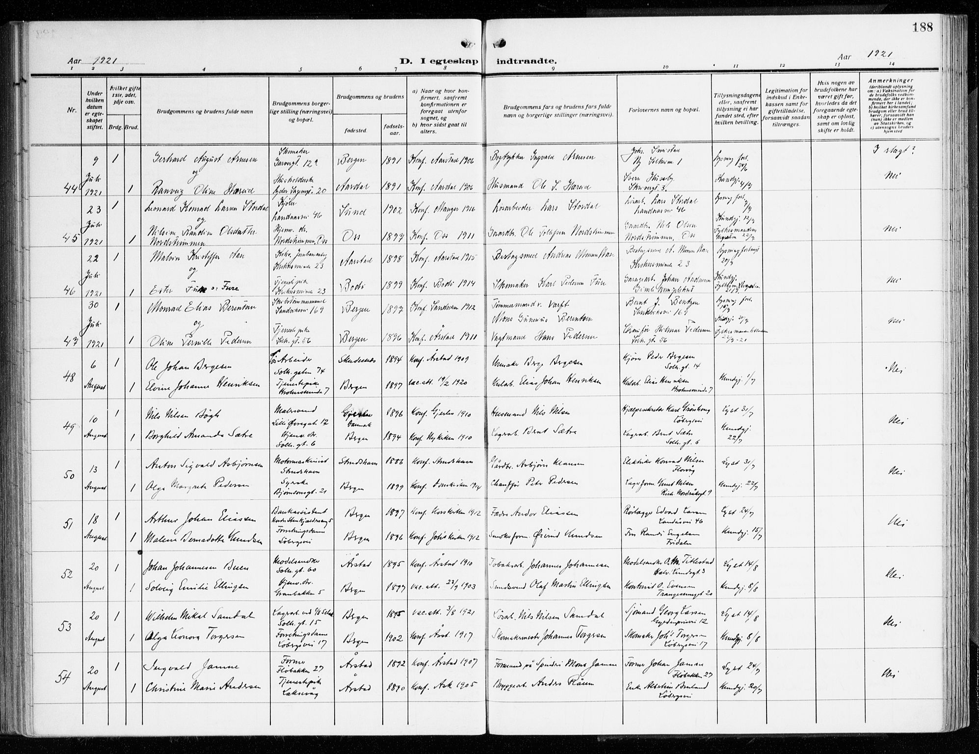 Årstad Sokneprestembete, SAB/A-79301/H/Haa/L0004: Parish register (official) no. A 4, 1919-1928, p. 188