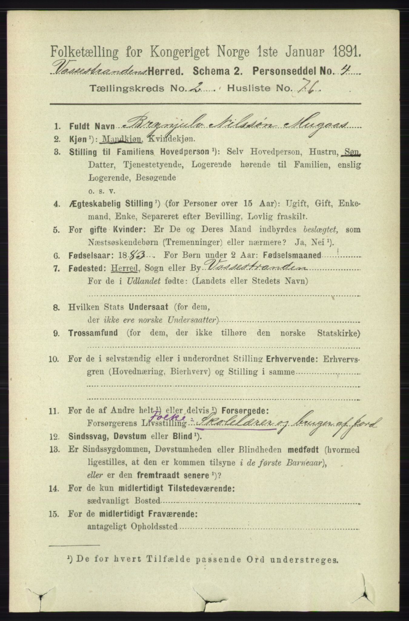 RA, 1891 census for 1236 Vossestrand, 1891, p. 1193