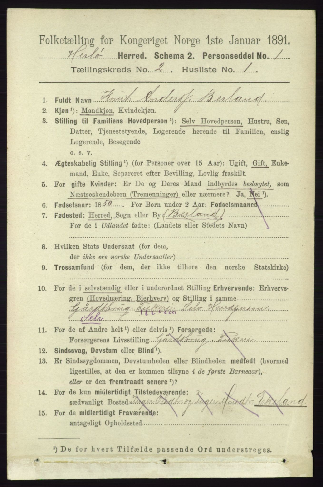 RA, 1891 census for 1258 Herdla, 1891, p. 536