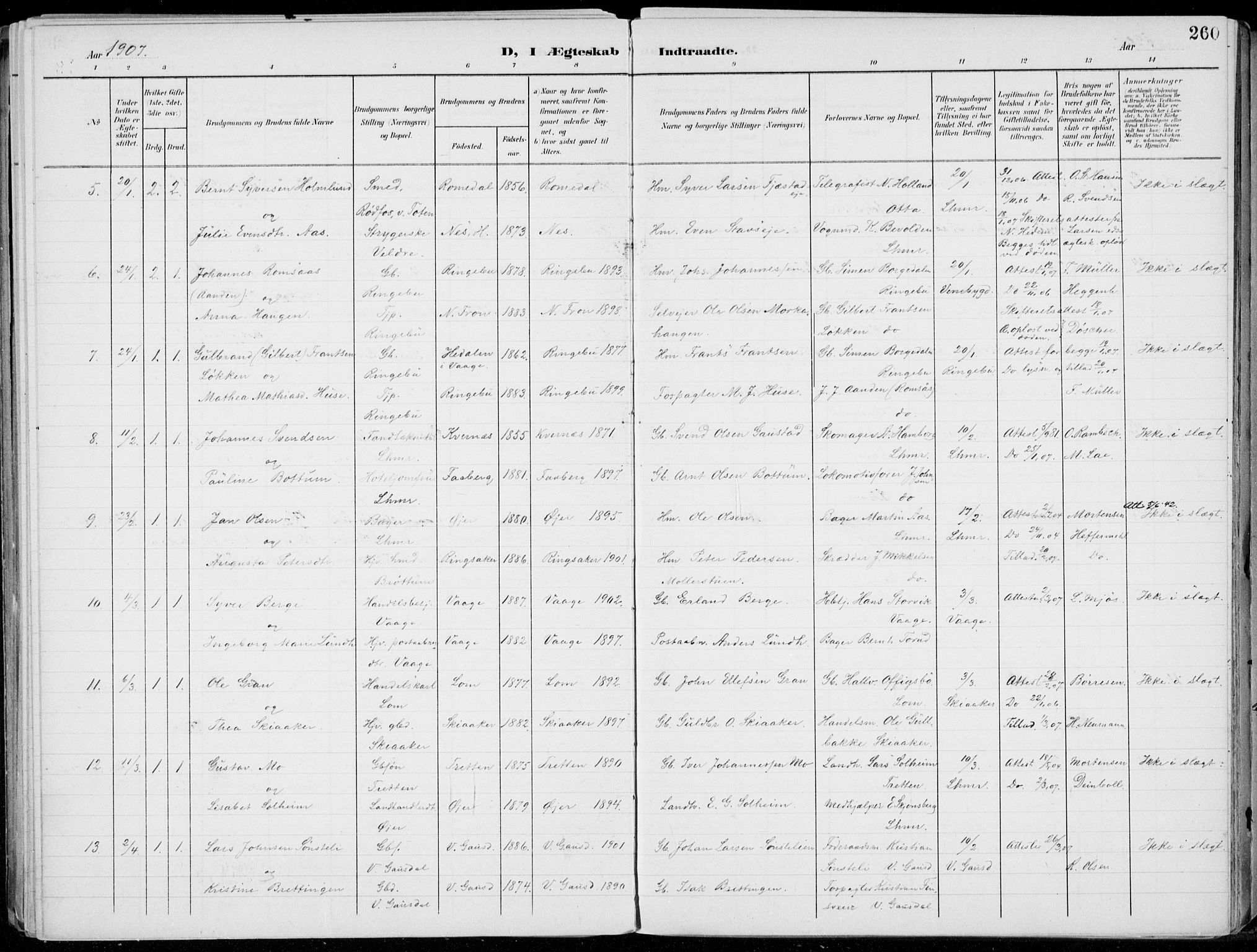 Lillehammer prestekontor, AV/SAH-PREST-088/H/Ha/Haa/L0001: Parish register (official) no. 1, 1901-1916, p. 260