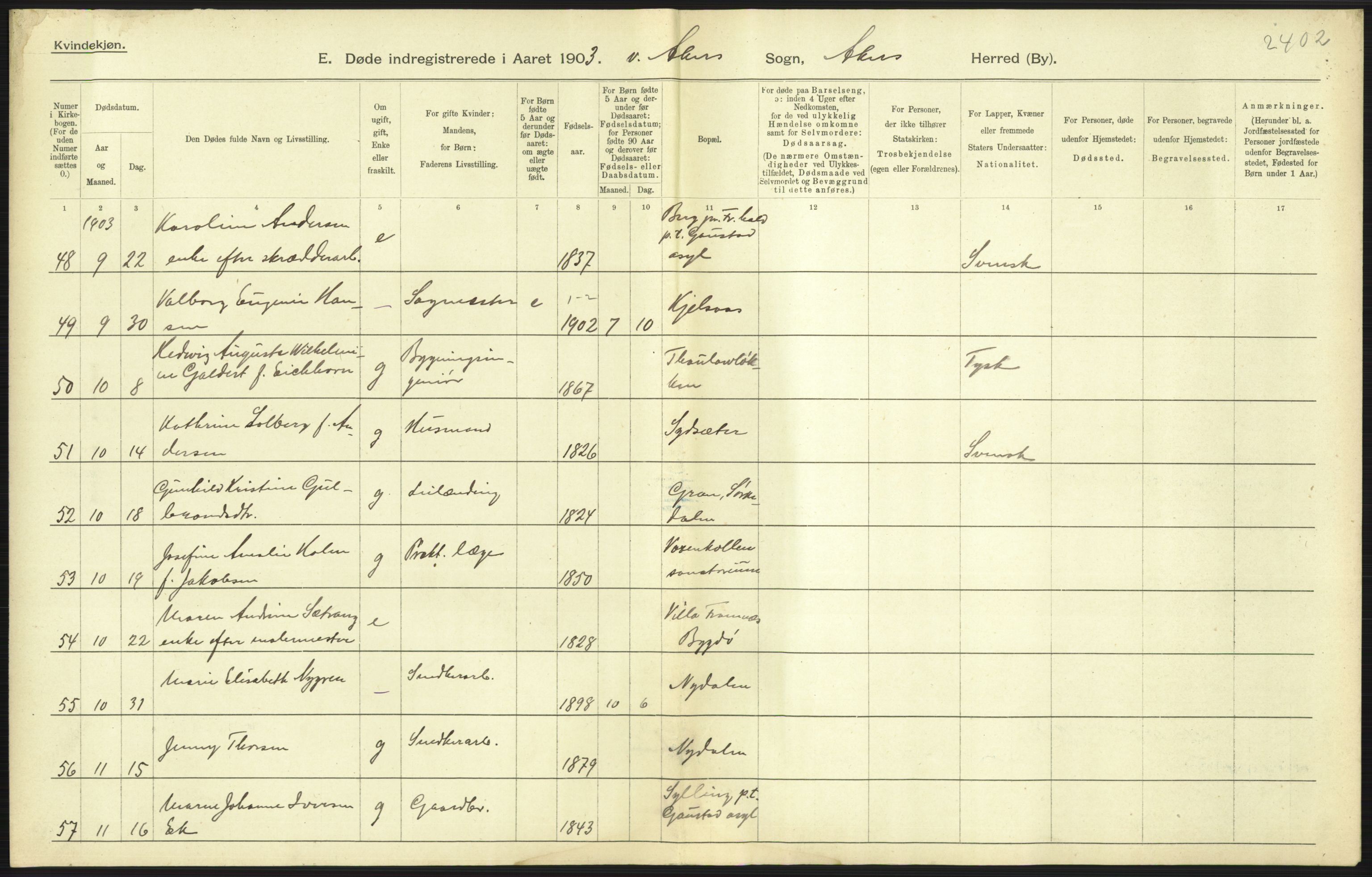 Statistisk sentralbyrå, Sosiodemografiske emner, Befolkning, AV/RA-S-2228/D/Df/Dfa/Dfaa/L0002: Akershus amt: Fødte, gifte, døde, 1903, p. 545