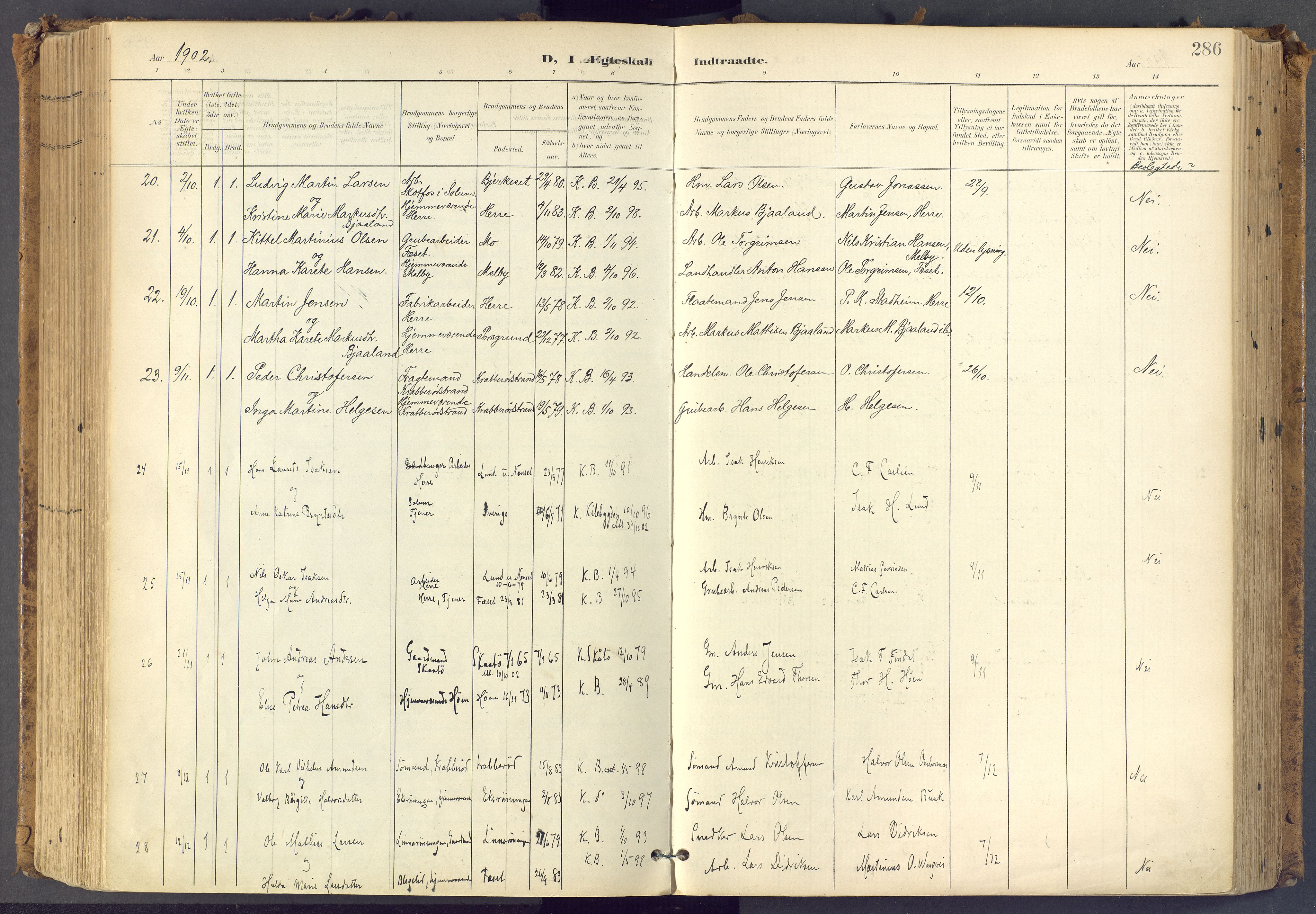 Bamble kirkebøker, SAKO/A-253/F/Fa/L0009: Parish register (official) no. I 9, 1901-1917, p. 286