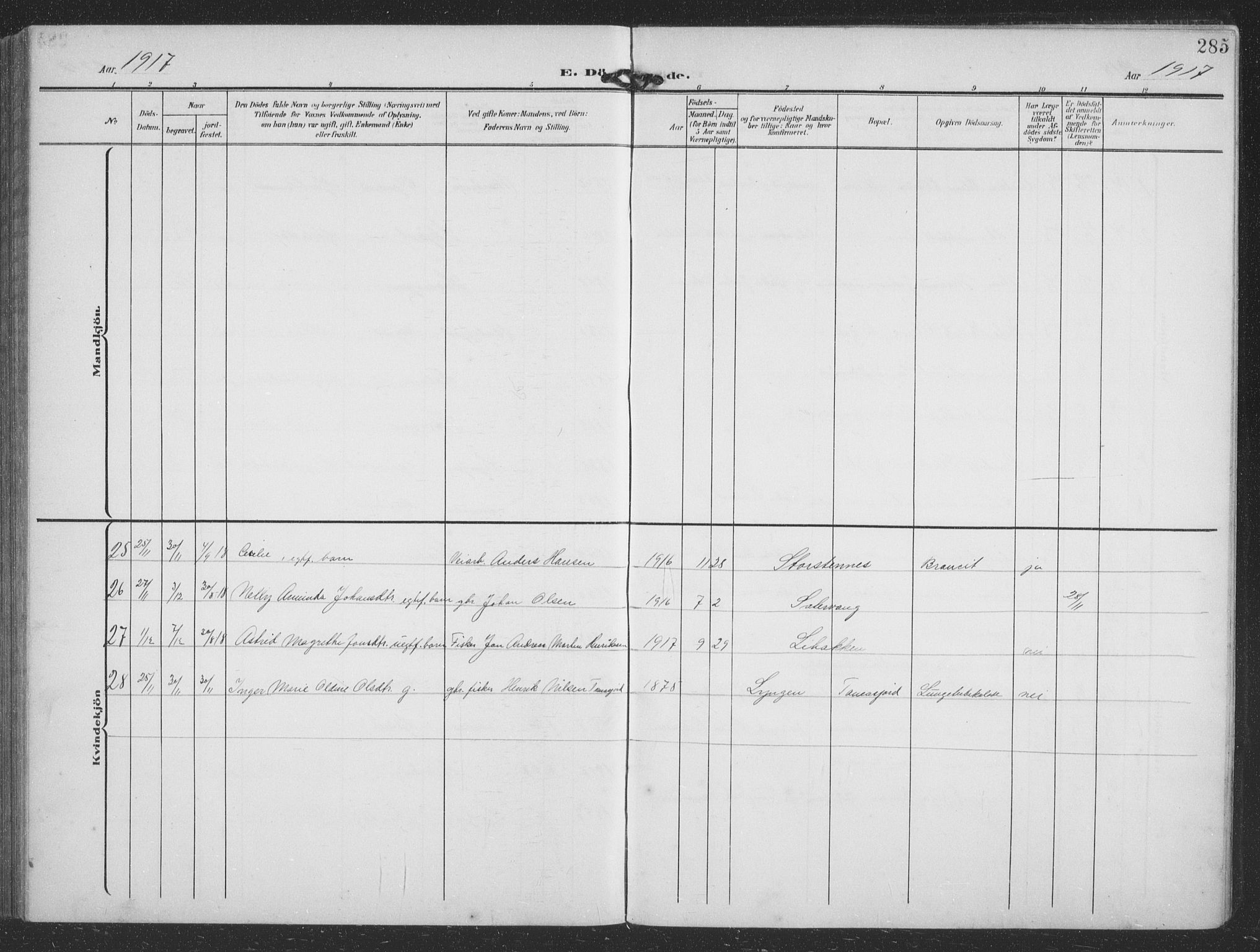 Balsfjord sokneprestembete, SATØ/S-1303/G/Ga/L0009klokker: Parish register (copy) no. 9, 1906-1920, p. 285