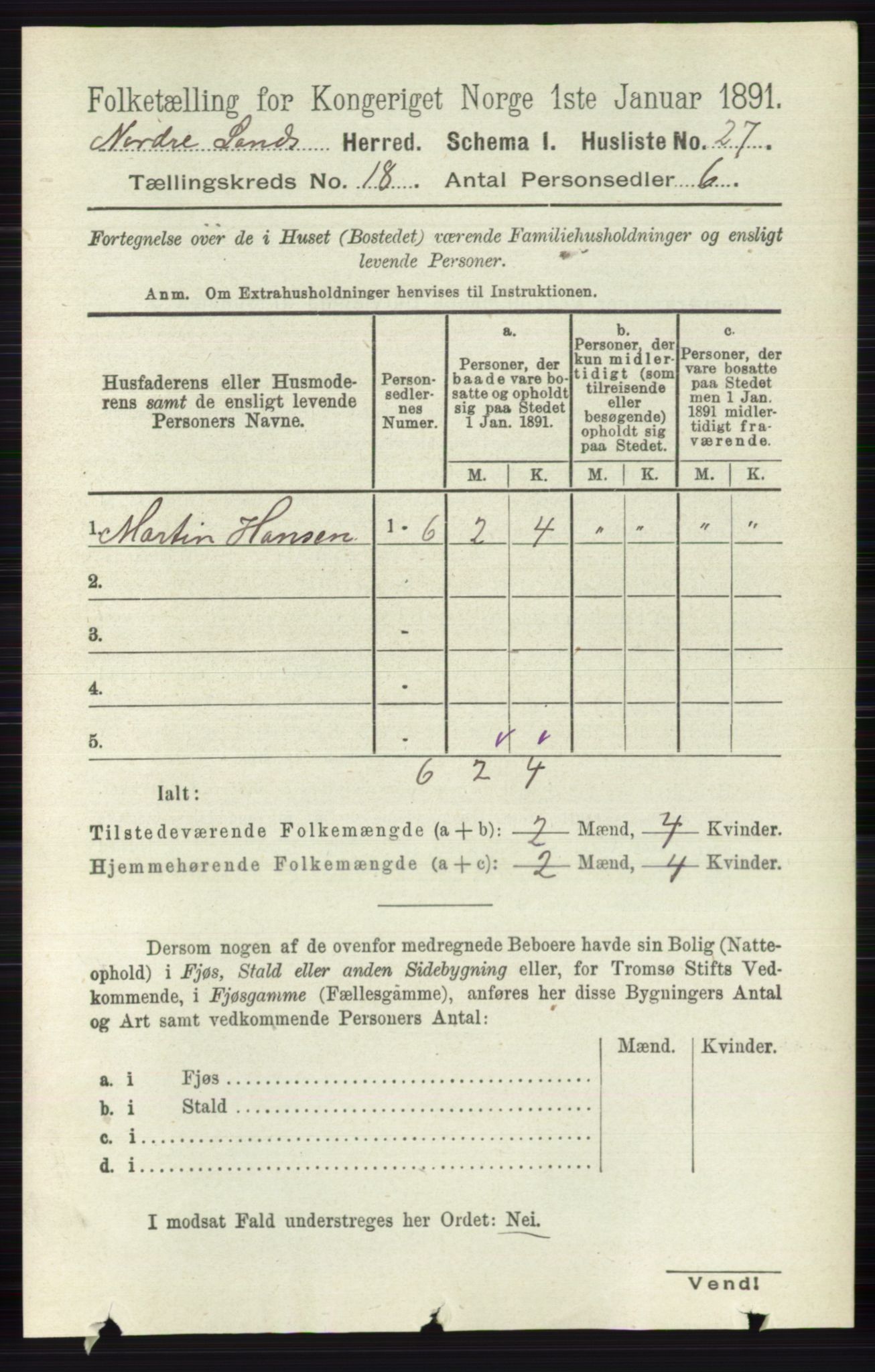 RA, 1891 census for 0538 Nordre Land, 1891, p. 4380