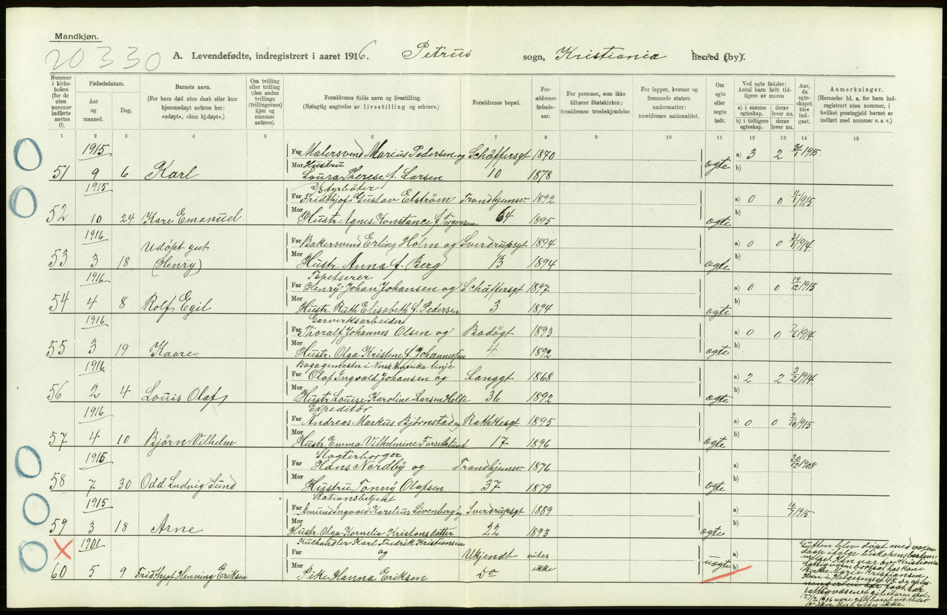 Statistisk sentralbyrå, Sosiodemografiske emner, Befolkning, AV/RA-S-2228/D/Df/Dfb/Dfbf/L0006: Kristiania: Levendefødte menn og kvinner., 1916, p. 560