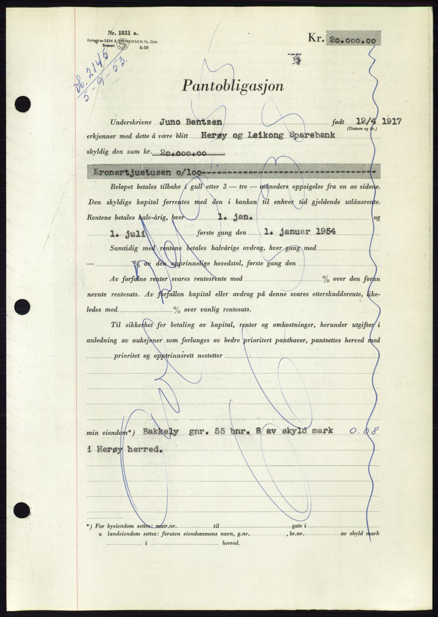 Søre Sunnmøre sorenskriveri, SAT/A-4122/1/2/2C/L0123: Mortgage book no. 11B, 1953-1953, Diary no: : 2145/1953
