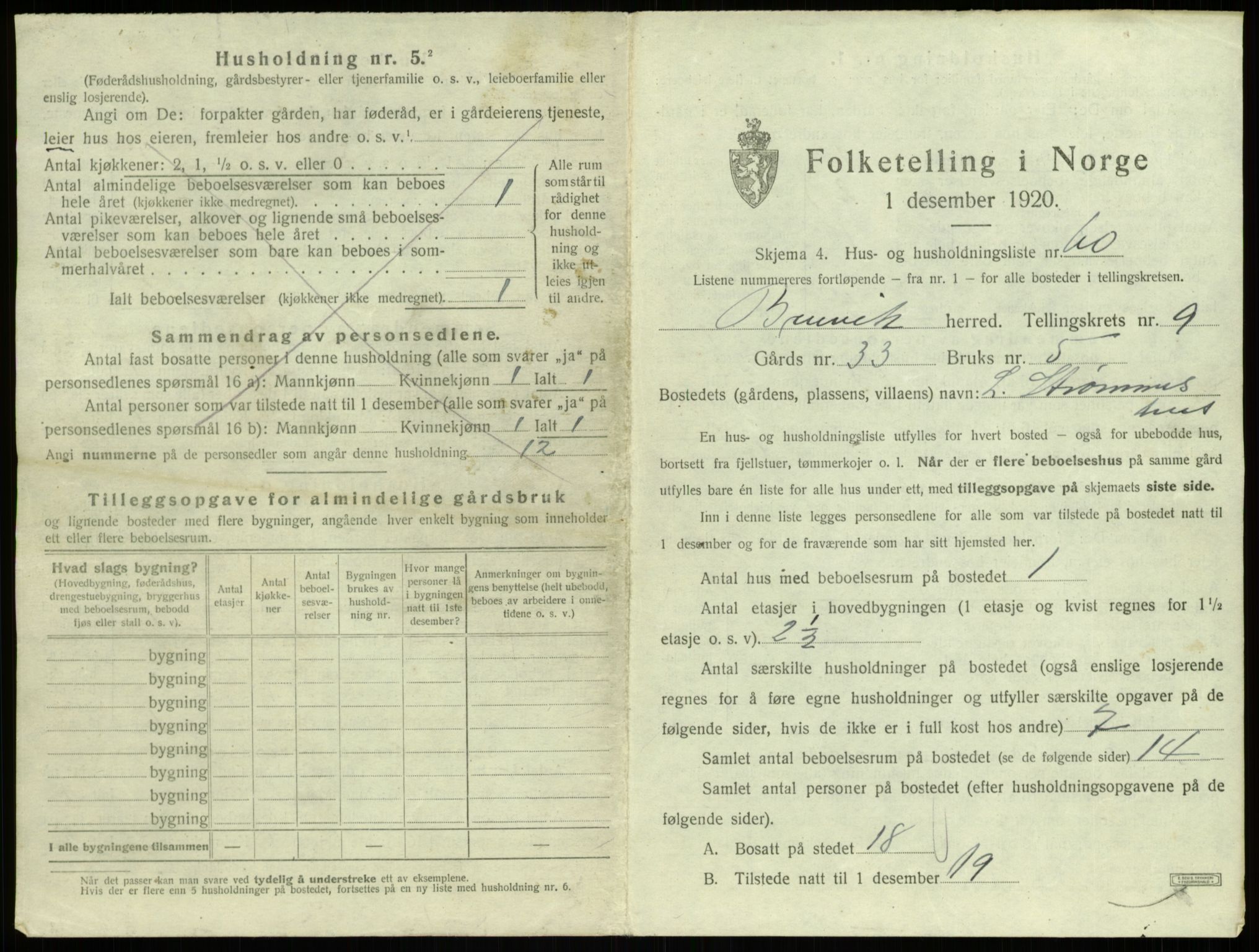 SAB, 1920 census for Bruvik, 1920, p. 741