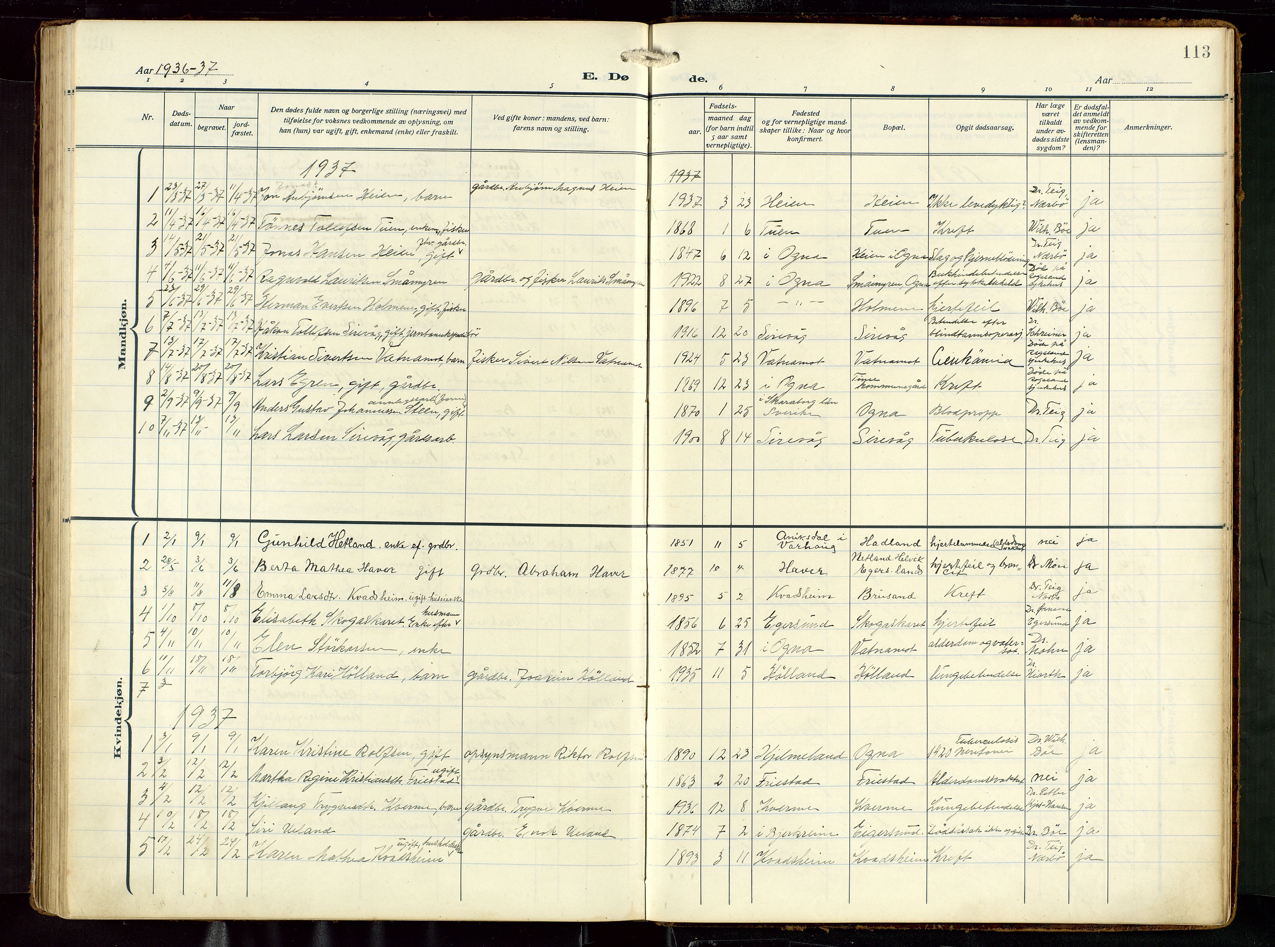 Eigersund sokneprestkontor, AV/SAST-A-101807/S09: Parish register (copy) no. B 22, 1915-1947, p. 113