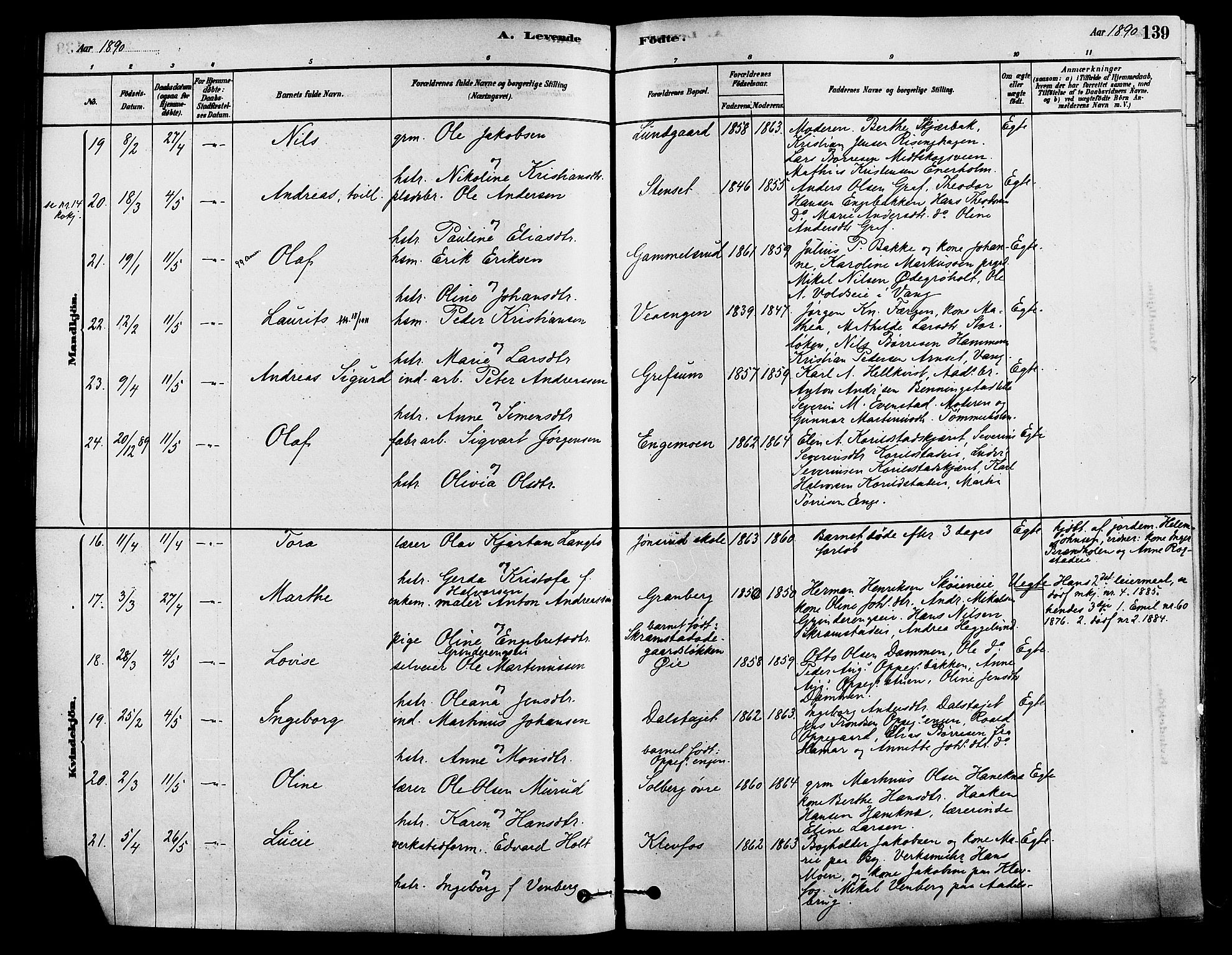 Løten prestekontor, SAH/PREST-022/K/Ka/L0009: Parish register (official) no. 9, 1878-1891, p. 139