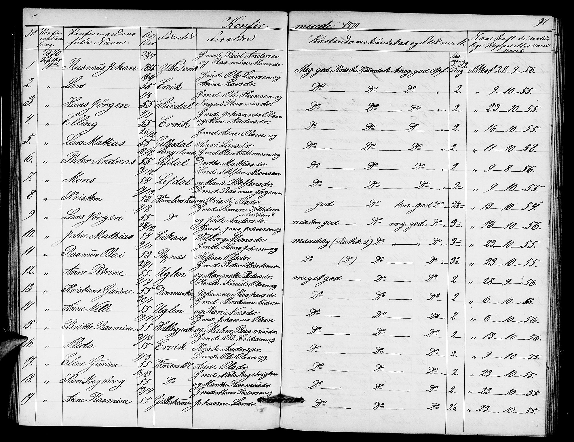 Davik sokneprestembete, AV/SAB-A-79701/H/Hab/Haba/L0001: Parish register (copy) no. A 1, 1866-1889, p. 97