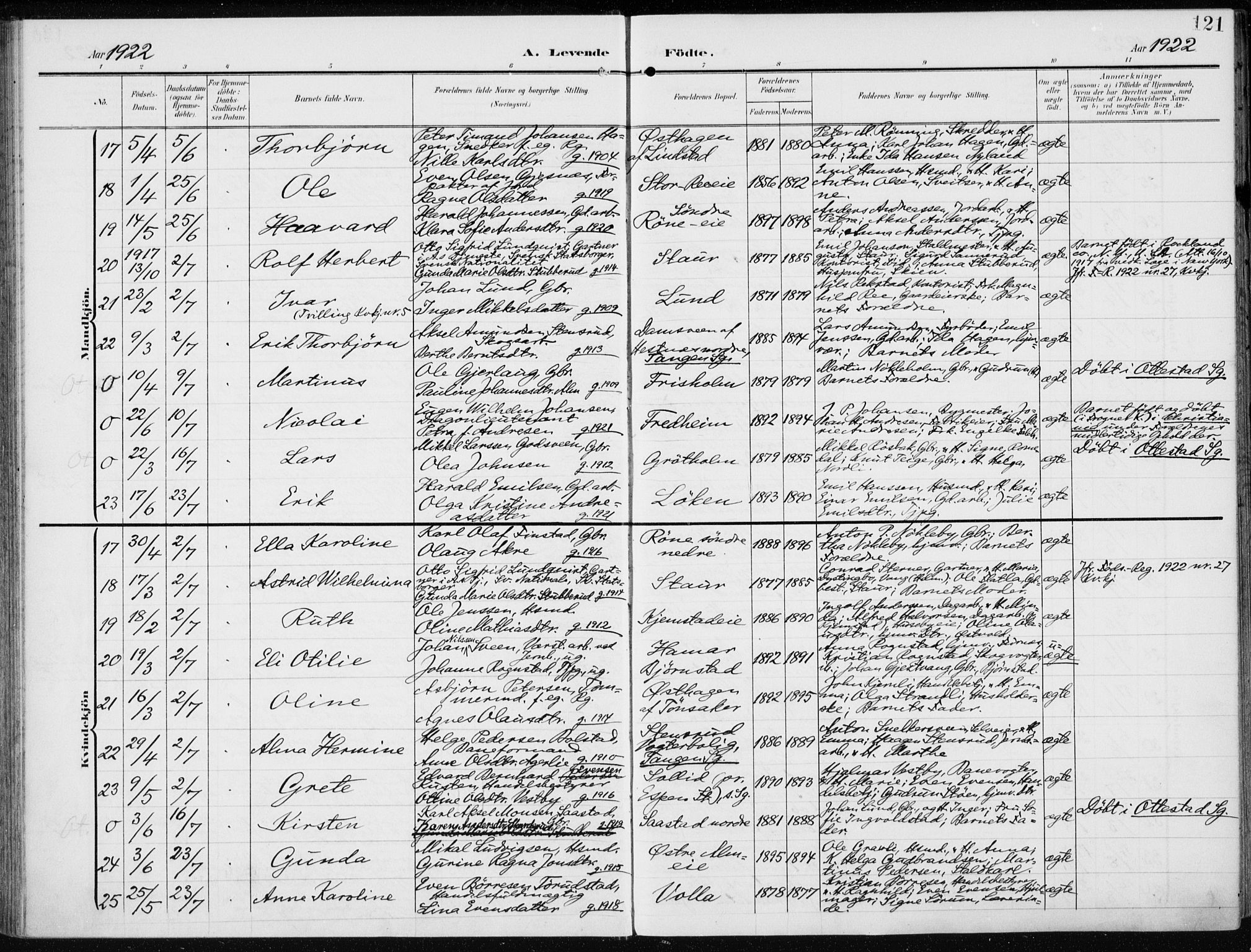 Stange prestekontor, AV/SAH-PREST-002/K/L0024: Parish register (official) no. 24, 1906-1922, p. 121