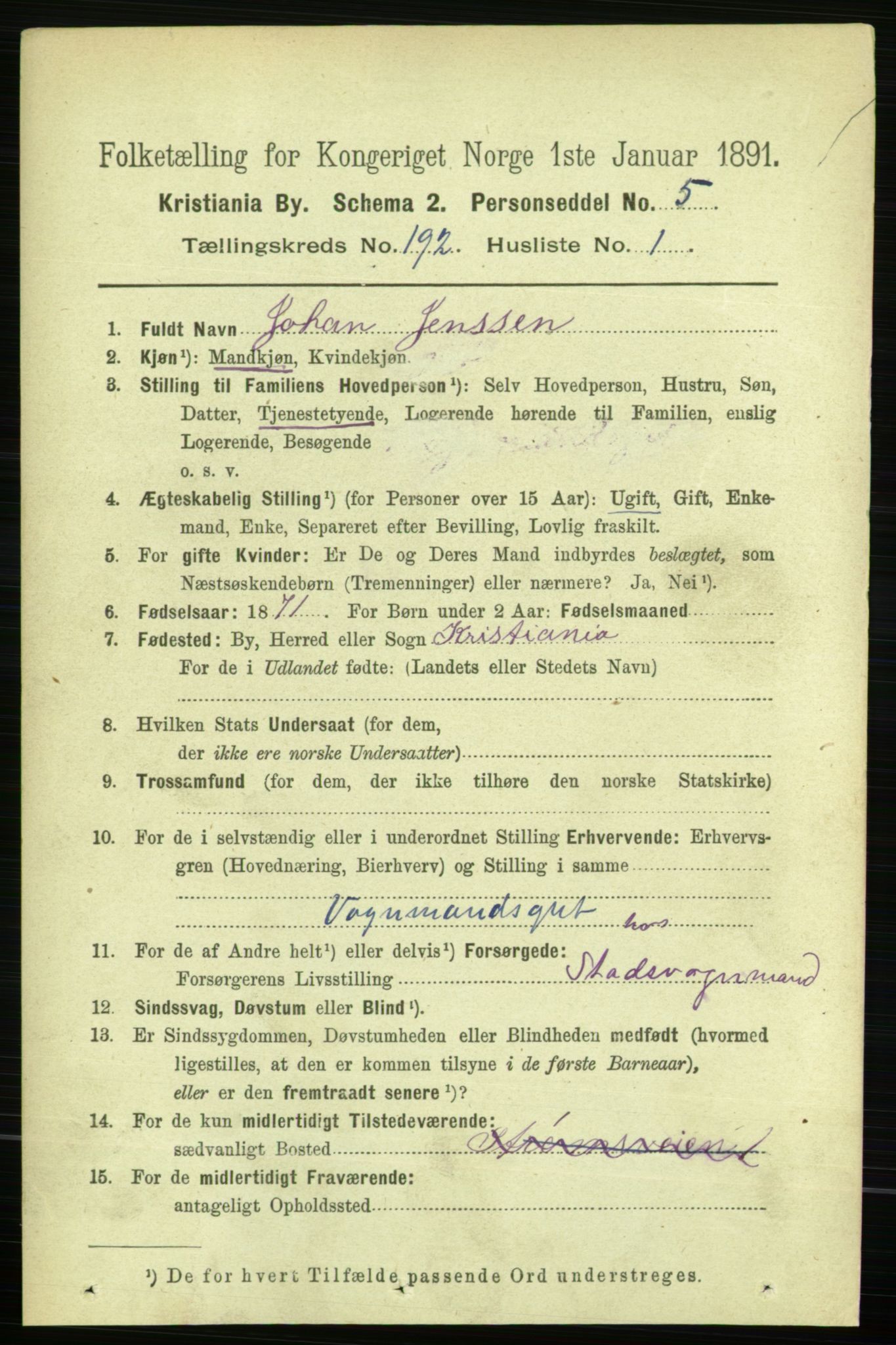 RA, 1891 census for 0301 Kristiania, 1891, p. 115486