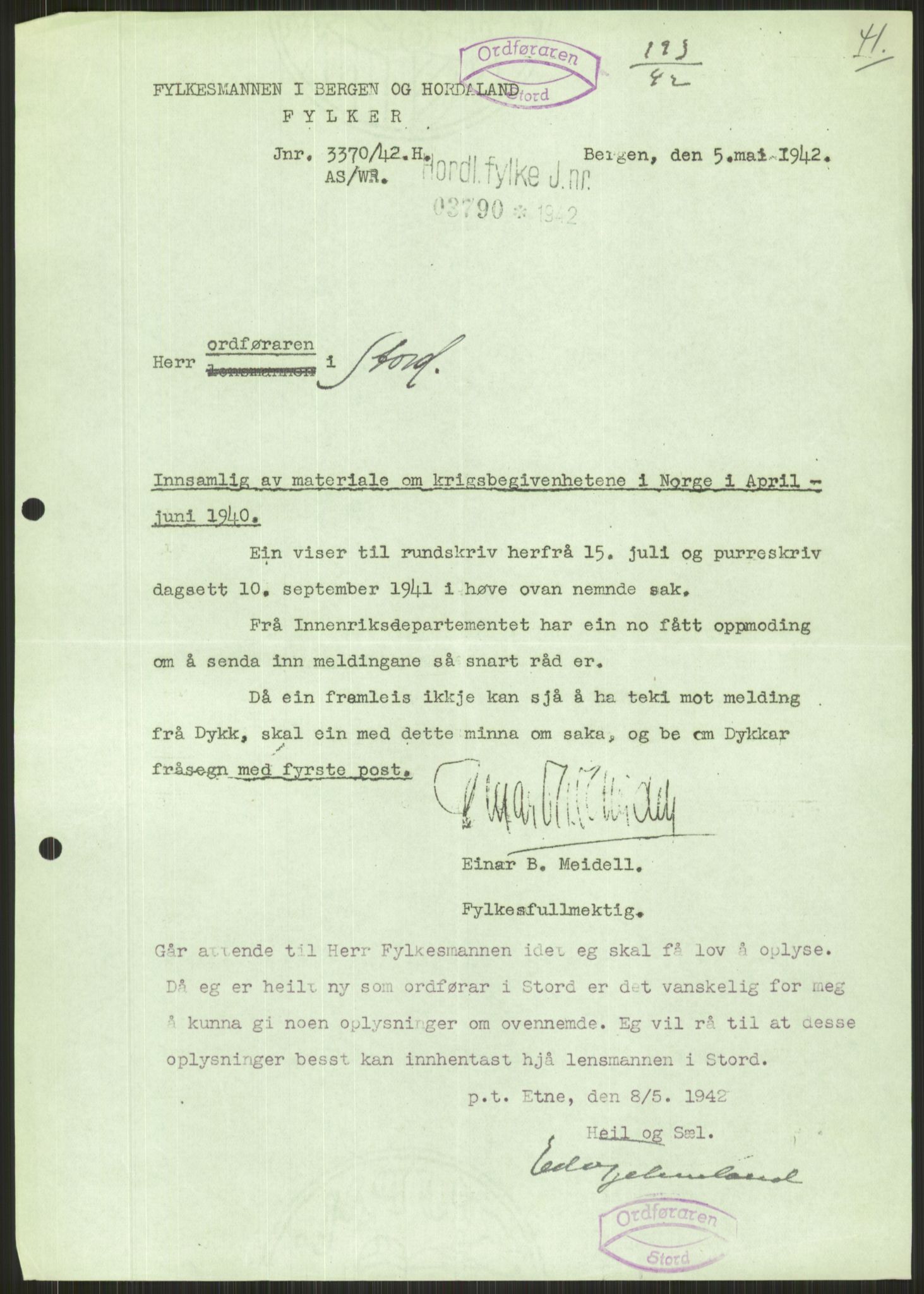 Forsvaret, Forsvarets krigshistoriske avdeling, AV/RA-RAFA-2017/Y/Ya/L0015: II-C-11-31 - Fylkesmenn.  Rapporter om krigsbegivenhetene 1940., 1940, p. 412