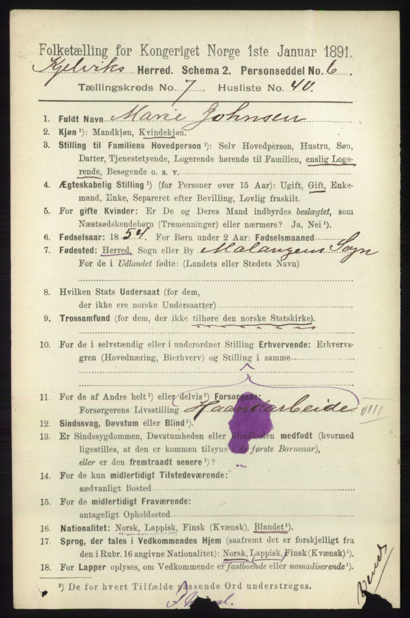 RA, 1891 census for 2019 Kjelvik, 1891, p. 1145