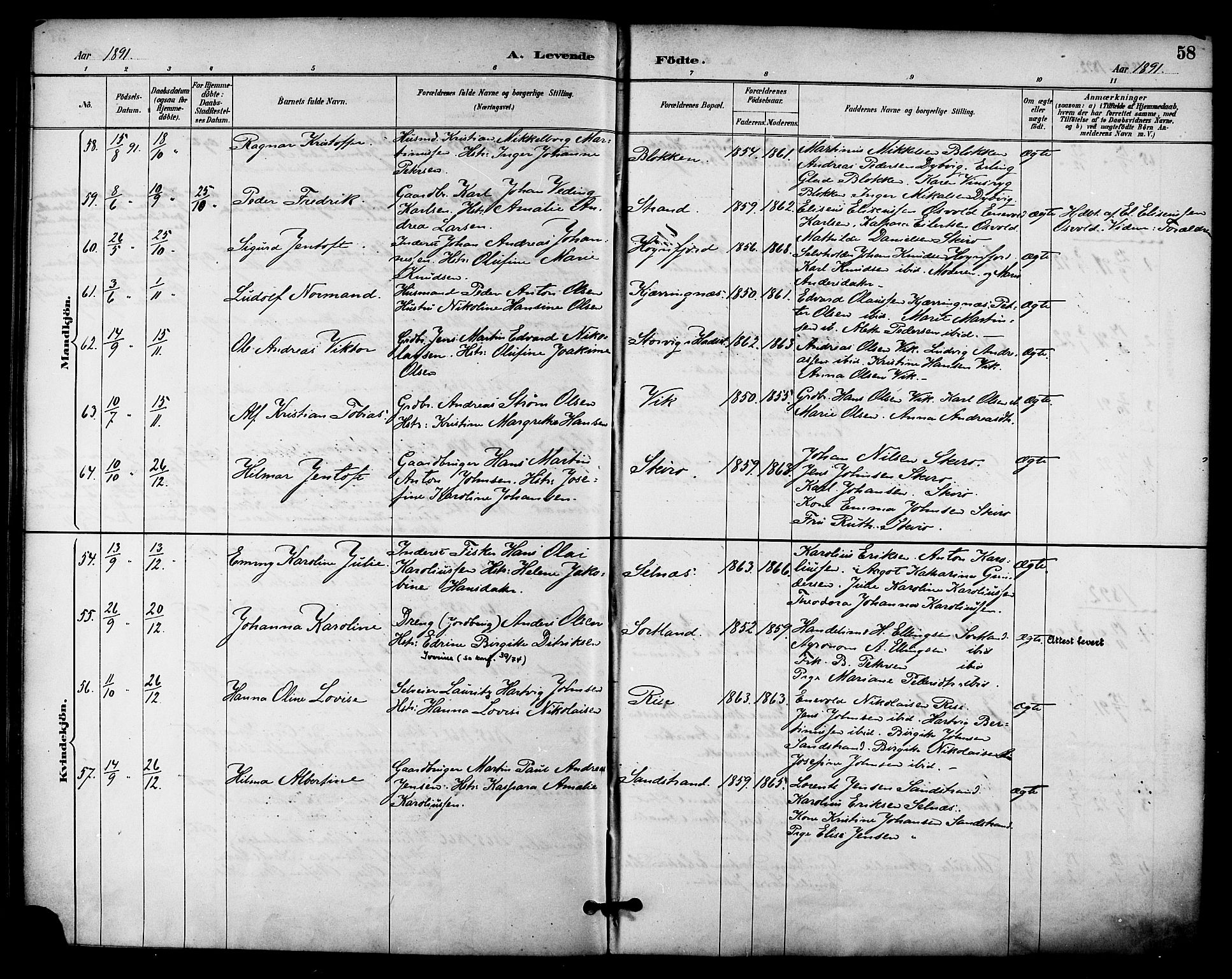 Ministerialprotokoller, klokkerbøker og fødselsregistre - Nordland, AV/SAT-A-1459/895/L1371: Parish register (official) no. 895A06, 1885-1894, p. 58