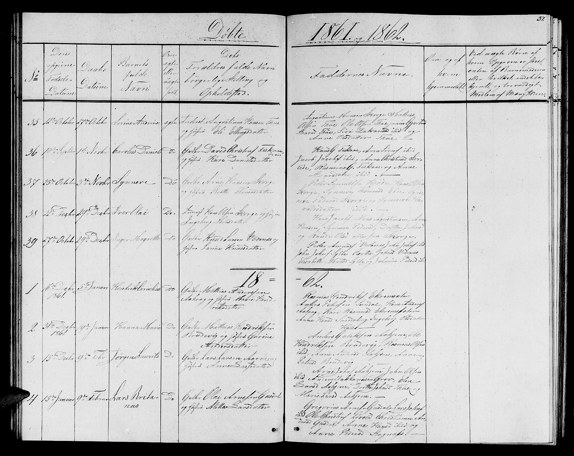 Ministerialprotokoller, klokkerbøker og fødselsregistre - Møre og Romsdal, AV/SAT-A-1454/501/L0015: Parish register (copy) no. 501C01, 1854-1867, p. 37