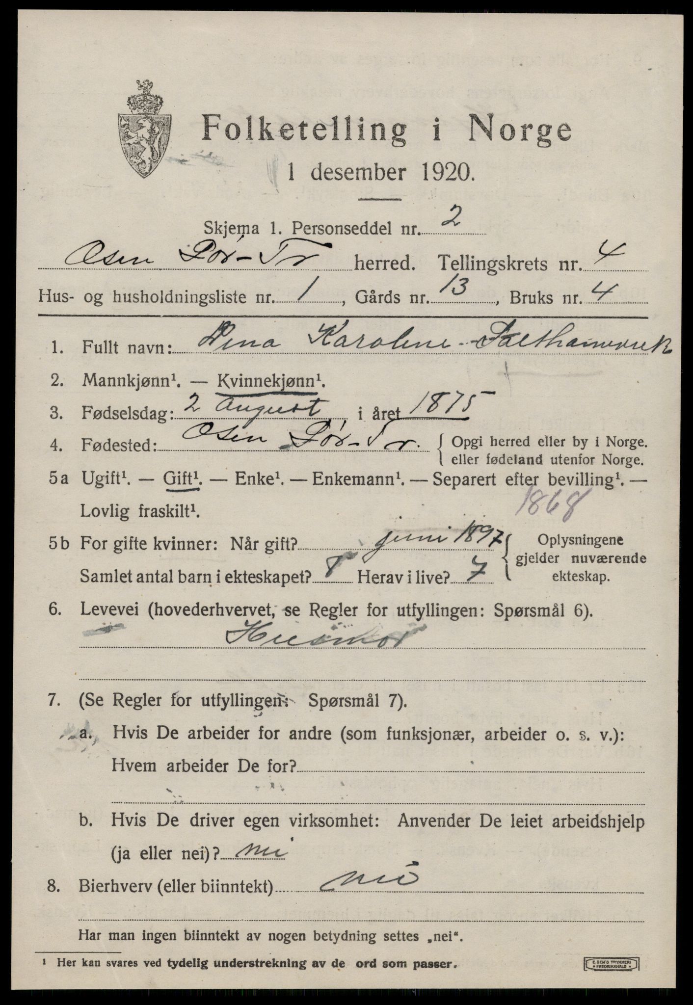 SAT, 1920 census for Osen, 1920, p. 1565