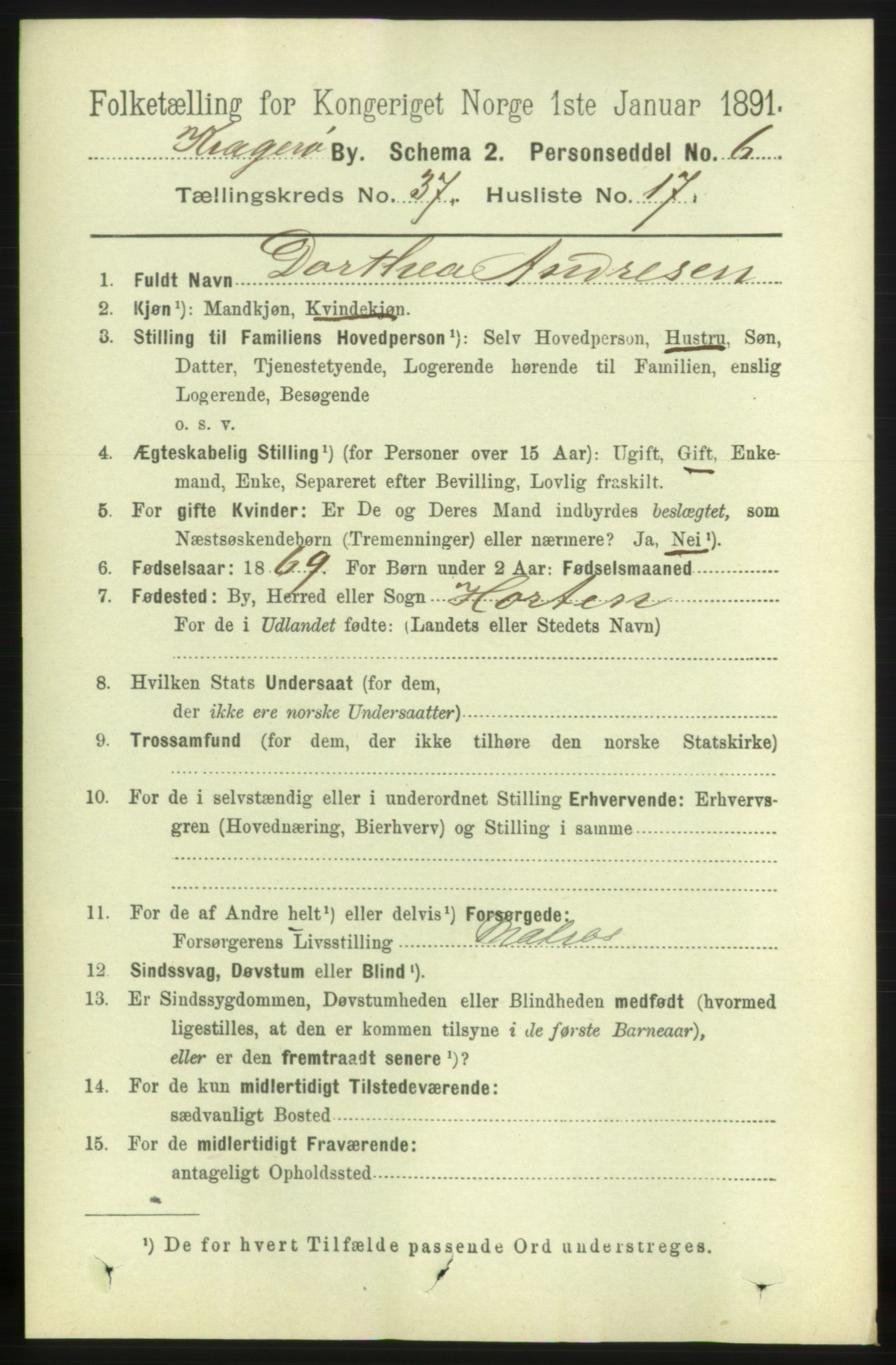 RA, 1891 census for 0801 Kragerø, 1891, p. 6867