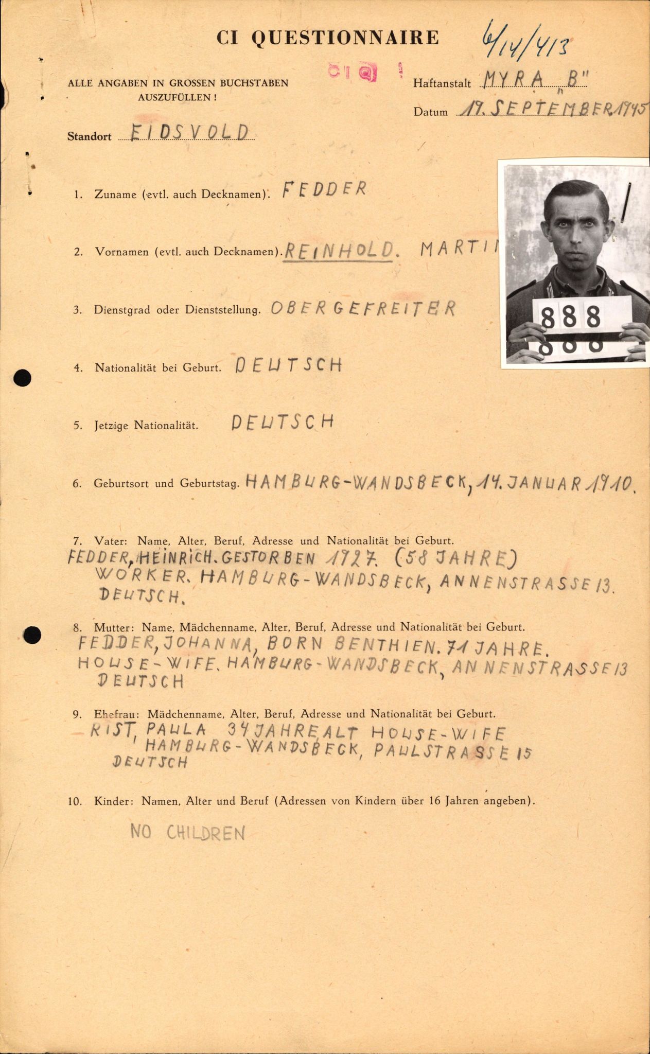 Forsvaret, Forsvarets overkommando II, RA/RAFA-3915/D/Db/L0008: CI Questionaires. Tyske okkupasjonsstyrker i Norge. Tyskere., 1945-1946, p. 2