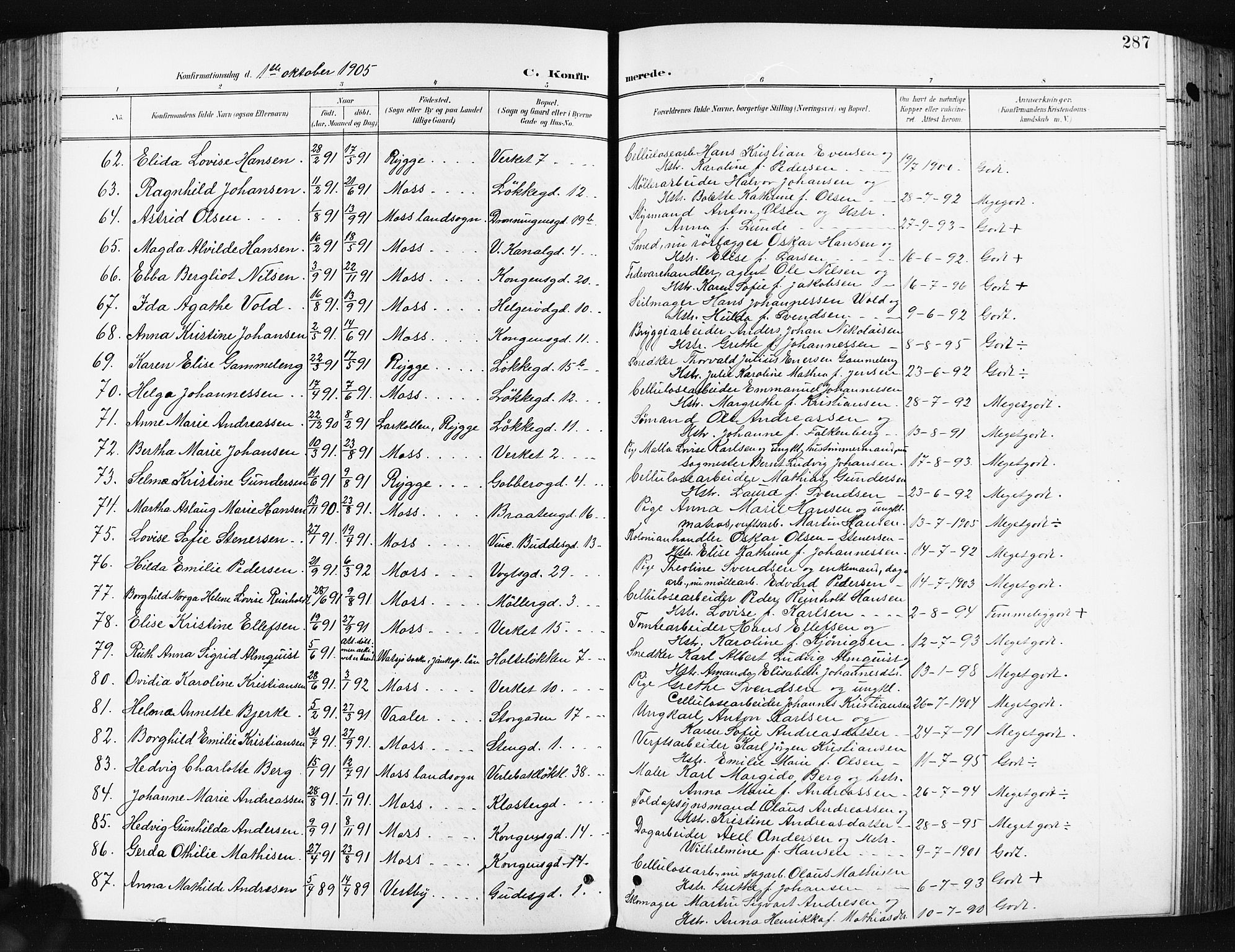 Moss prestekontor Kirkebøker, AV/SAO-A-2003/G/Ga/L0007: Parish register (copy) no. I 7, 1901-1912, p. 287