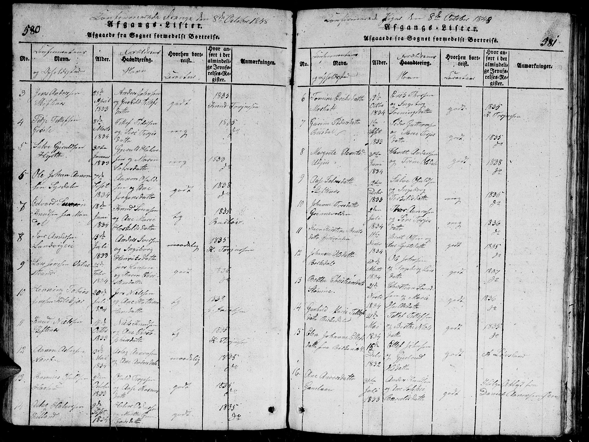 Hommedal sokneprestkontor, AV/SAK-1111-0023/F/Fb/Fbb/L0003: Parish register (copy) no. B 3 /1, 1816-1850, p. 580-581