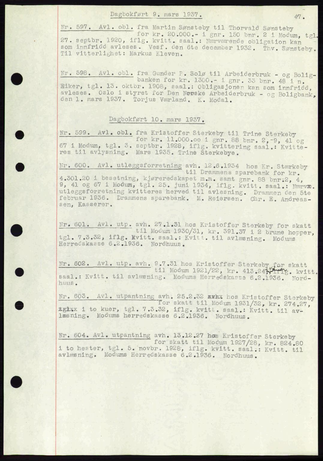 Eiker, Modum og Sigdal sorenskriveri, SAKO/A-123/G/Ga/Gab/L0035: Mortgage book no. A5, 1937-1937, Diary no: : 597/1937
