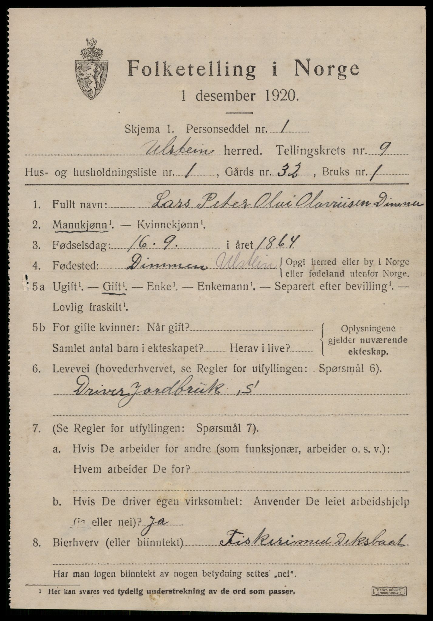 SAT, 1920 census for Ulstein, 1920, p. 4986