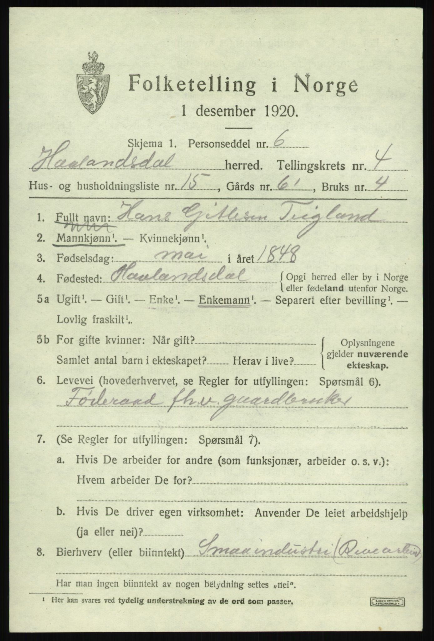 SAB, 1920 census for Hålandsdal, 1920, p. 1014