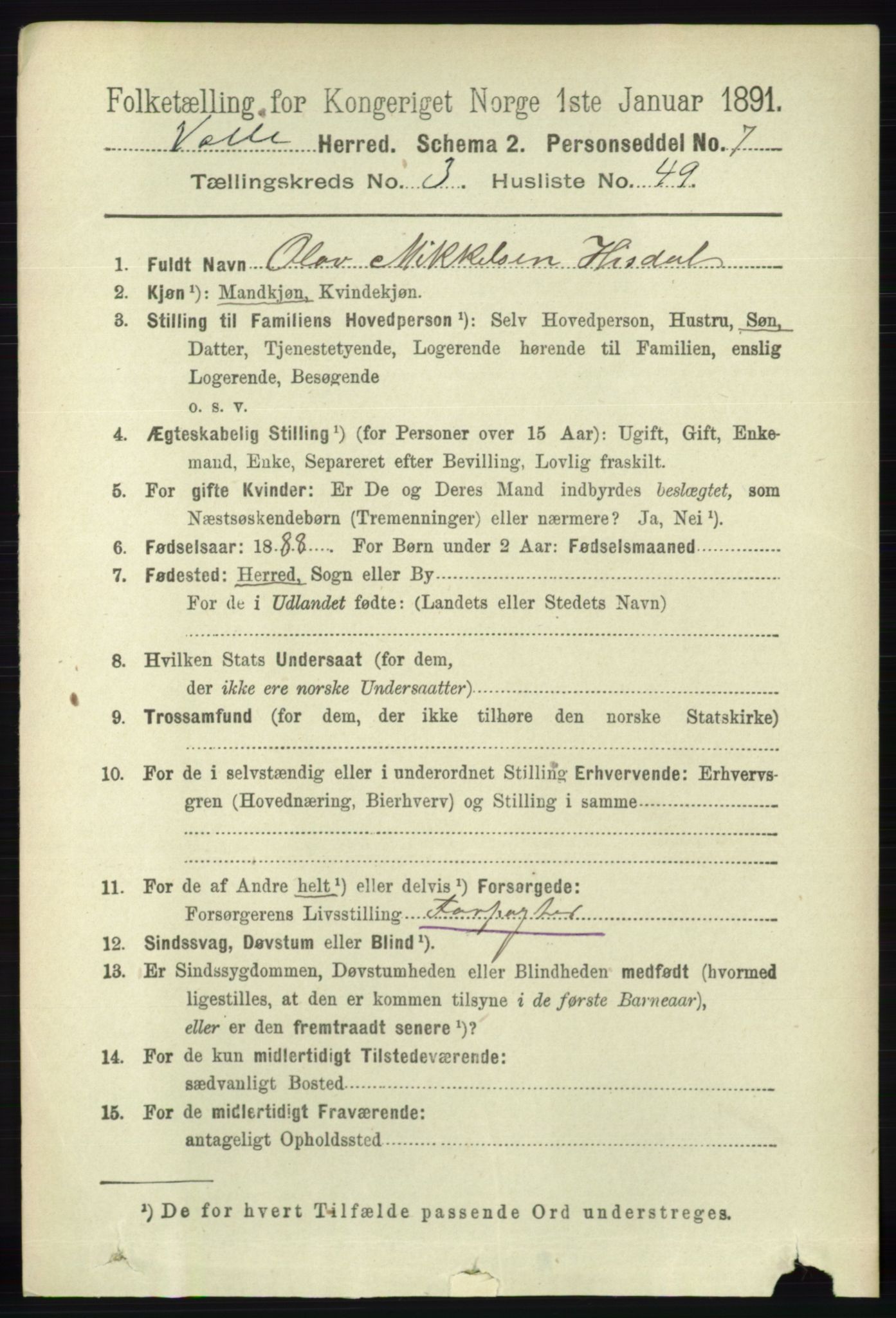 RA, 1891 census for 0940 Valle, 1891, p. 949