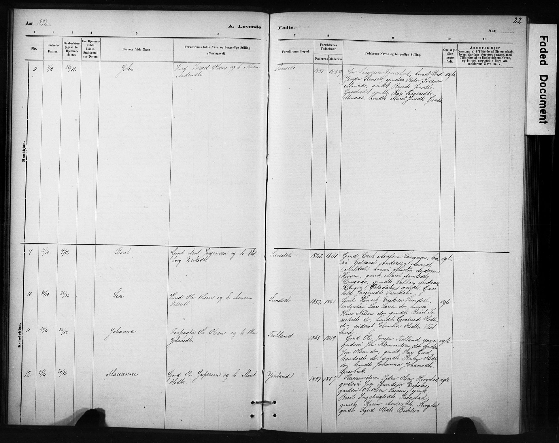 Ministerialprotokoller, klokkerbøker og fødselsregistre - Sør-Trøndelag, SAT/A-1456/694/L1127: Parish register (official) no. 694A01, 1887-1905, p. 22