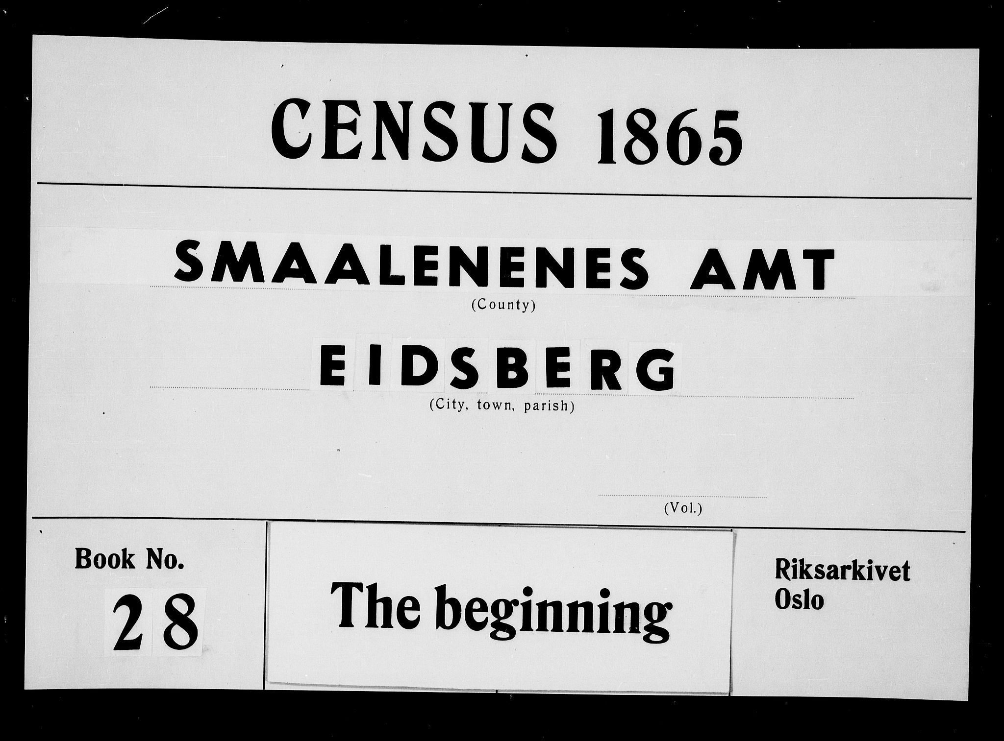 RA, 1865 census for Eidsberg, 1865, p. 1