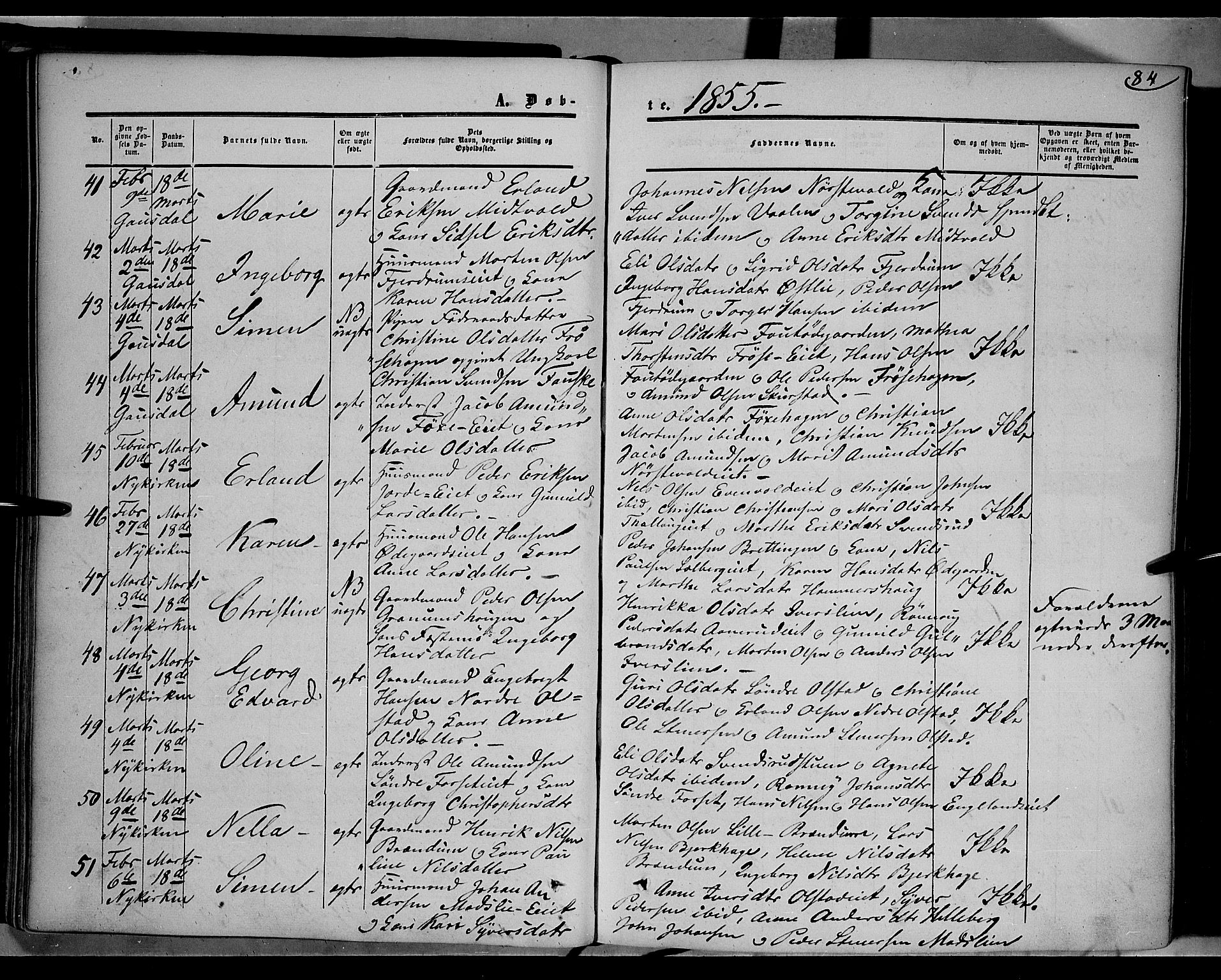 Gausdal prestekontor, SAH/PREST-090/H/Ha/Haa/L0008: Parish register (official) no. 8, 1850-1861, p. 84