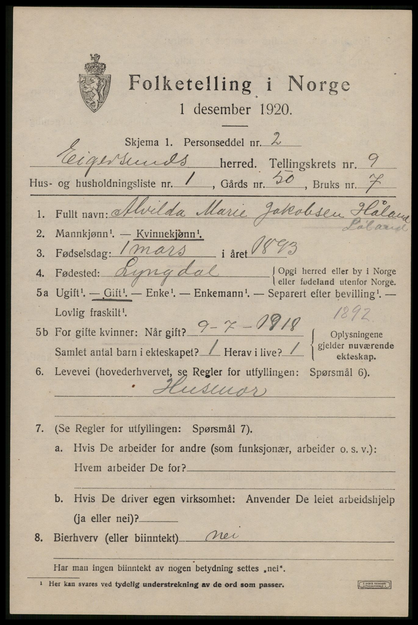 SAST, 1920 census for Eigersund, 1920, p. 5815