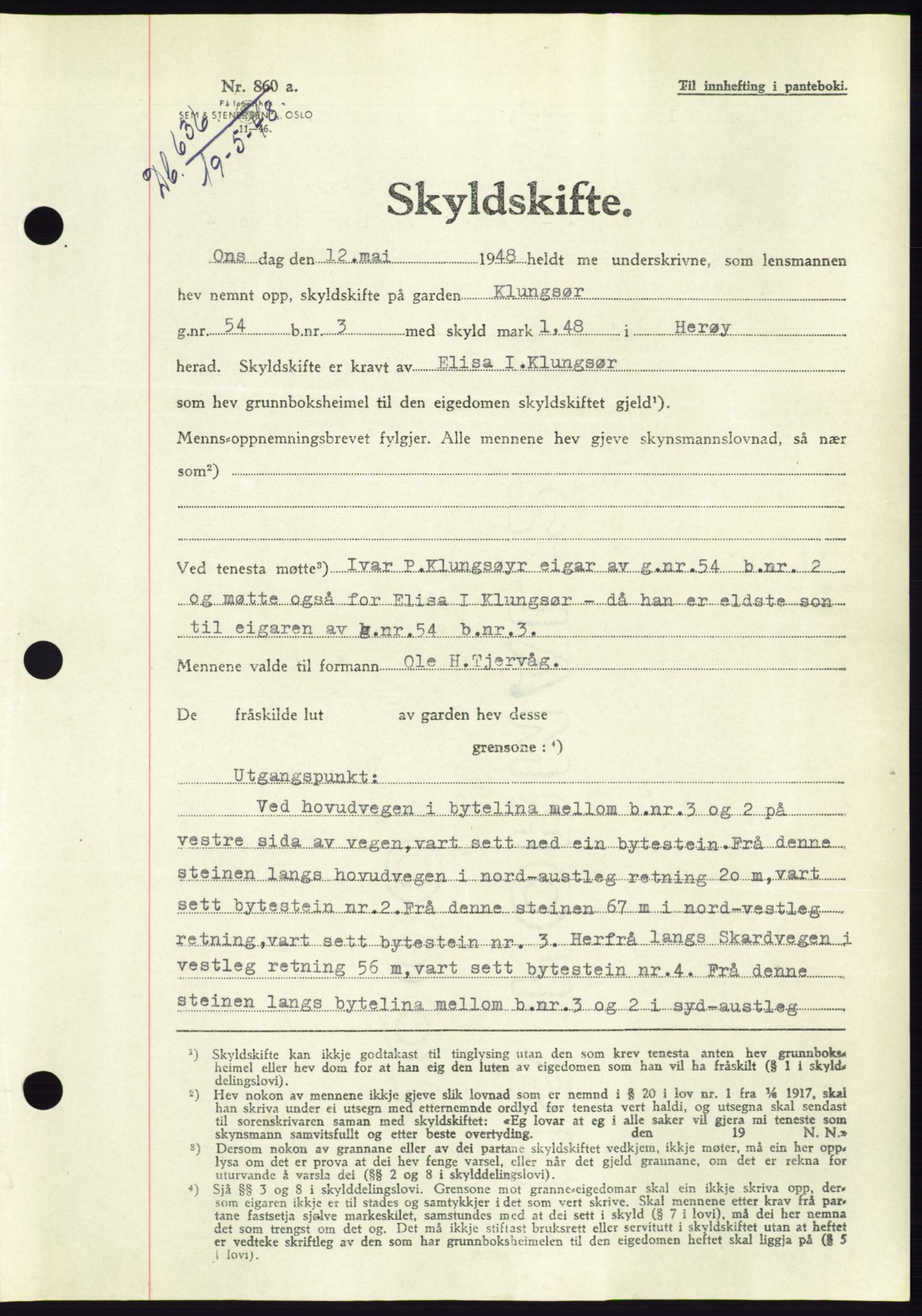 Søre Sunnmøre sorenskriveri, AV/SAT-A-4122/1/2/2C/L0082: Mortgage book no. 8A, 1948-1948, Diary no: : 637/1948