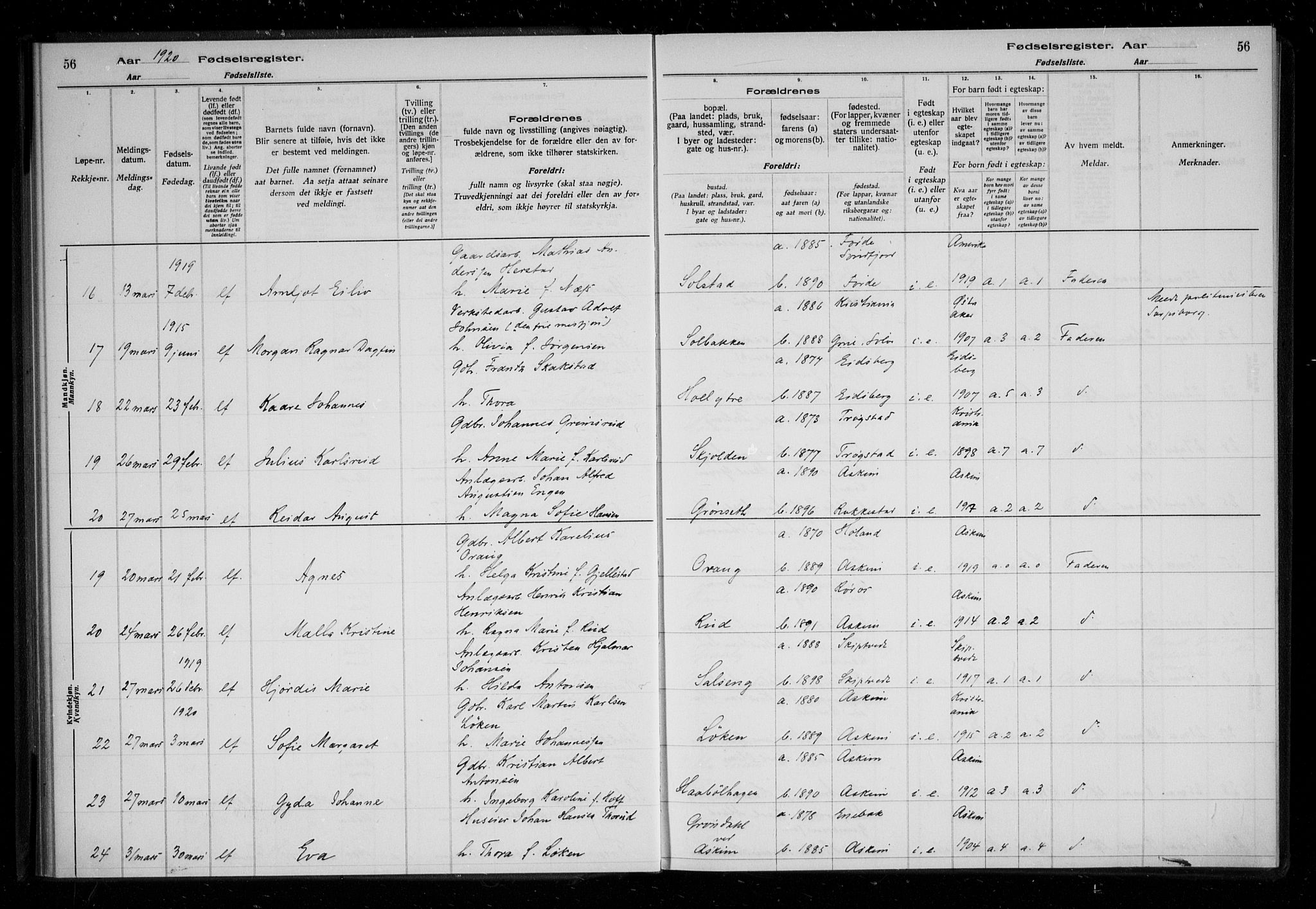 Askim prestekontor Kirkebøker, AV/SAO-A-10900/J/Ja/L0001: Birth register no. 1, 1916-1929, p. 56