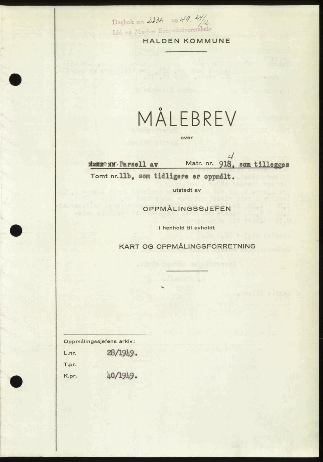 Idd og Marker sorenskriveri, AV/SAO-A-10283/G/Gb/Gbb/L0013: Mortgage book no. A13, 1949-1950, Diary no: : 2336/1949