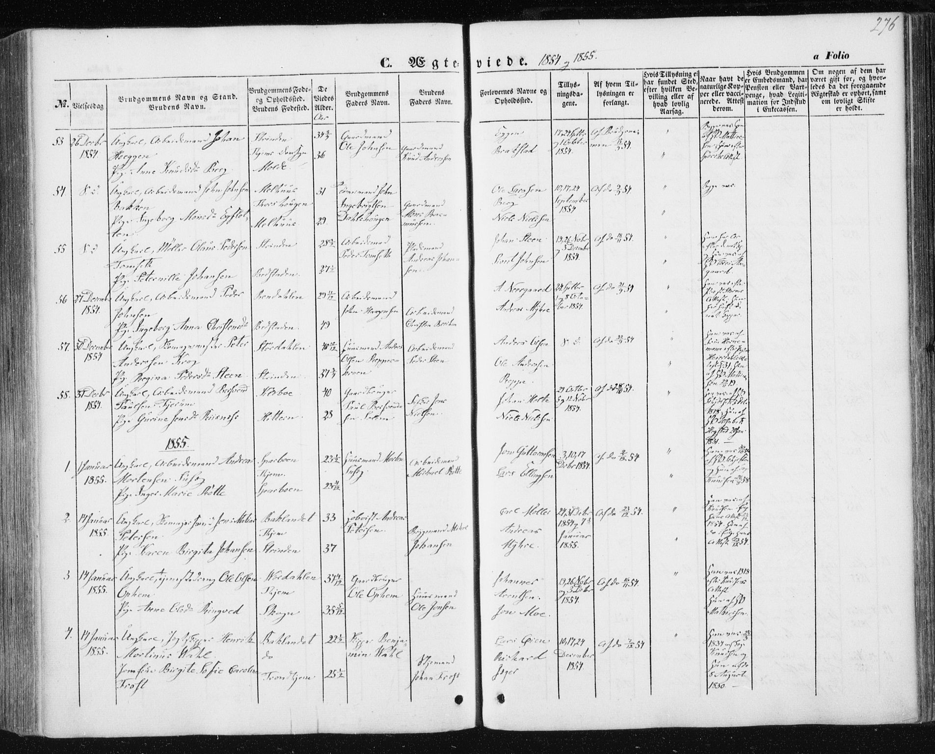Ministerialprotokoller, klokkerbøker og fødselsregistre - Sør-Trøndelag, SAT/A-1456/602/L0112: Parish register (official) no. 602A10, 1848-1859, p. 276