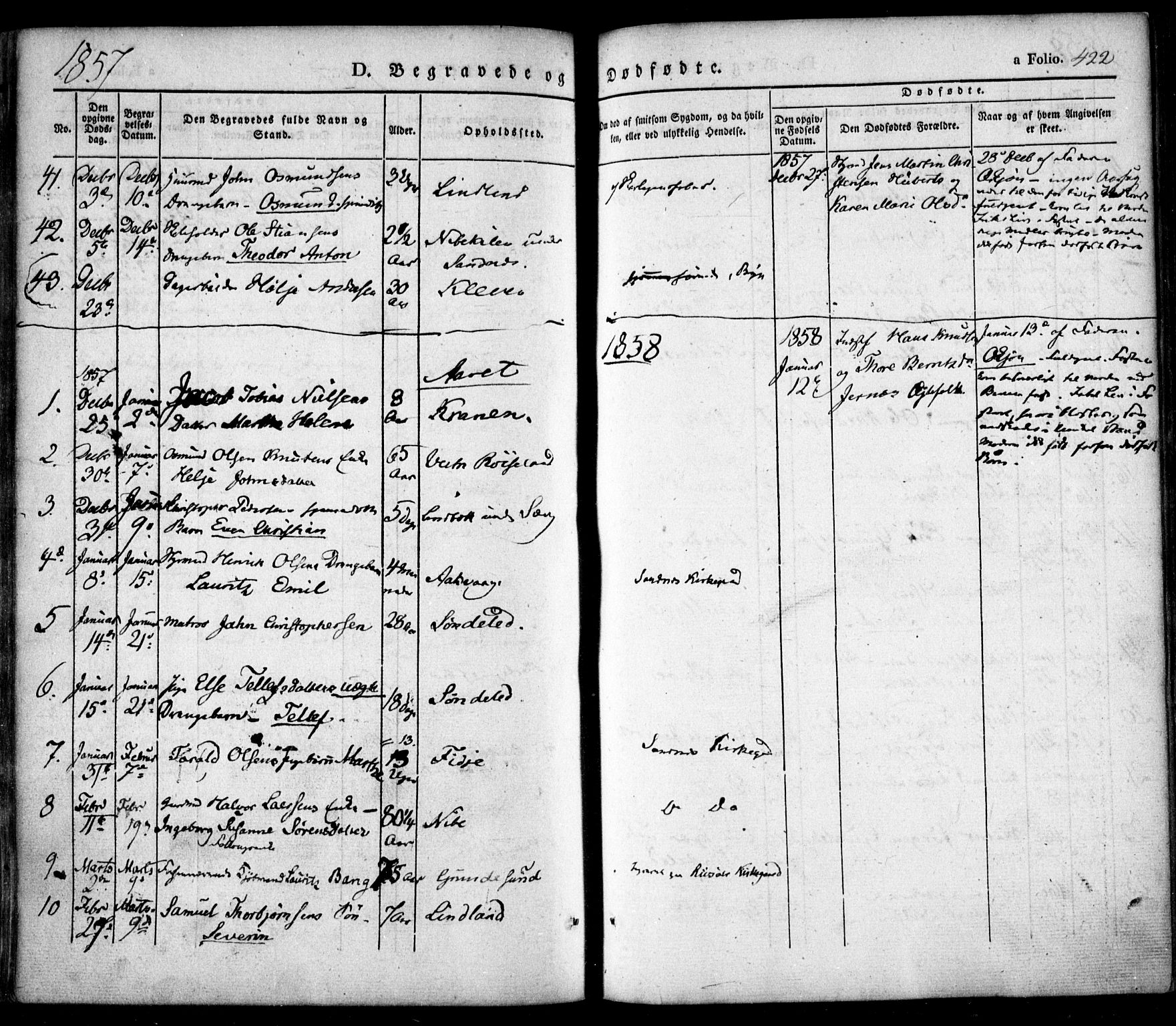 Søndeled sokneprestkontor, SAK/1111-0038/F/Fa/L0002: Parish register (official) no. A 2, 1839-1860, p. 422
