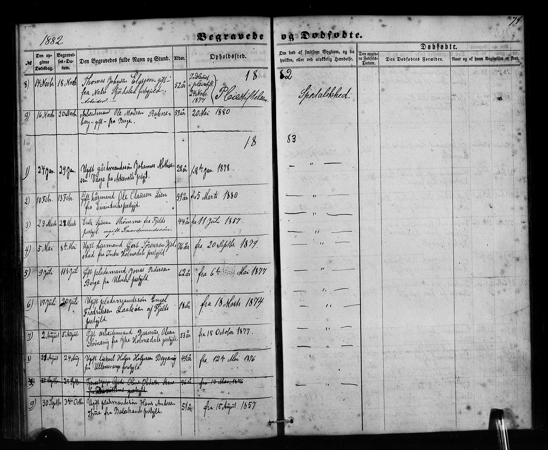 Pleiestiftelsen nr. 1 for spedalske sokneprestembete*, SAB/-: Parish register (official) no. A 1, 1859-1886, p. 74