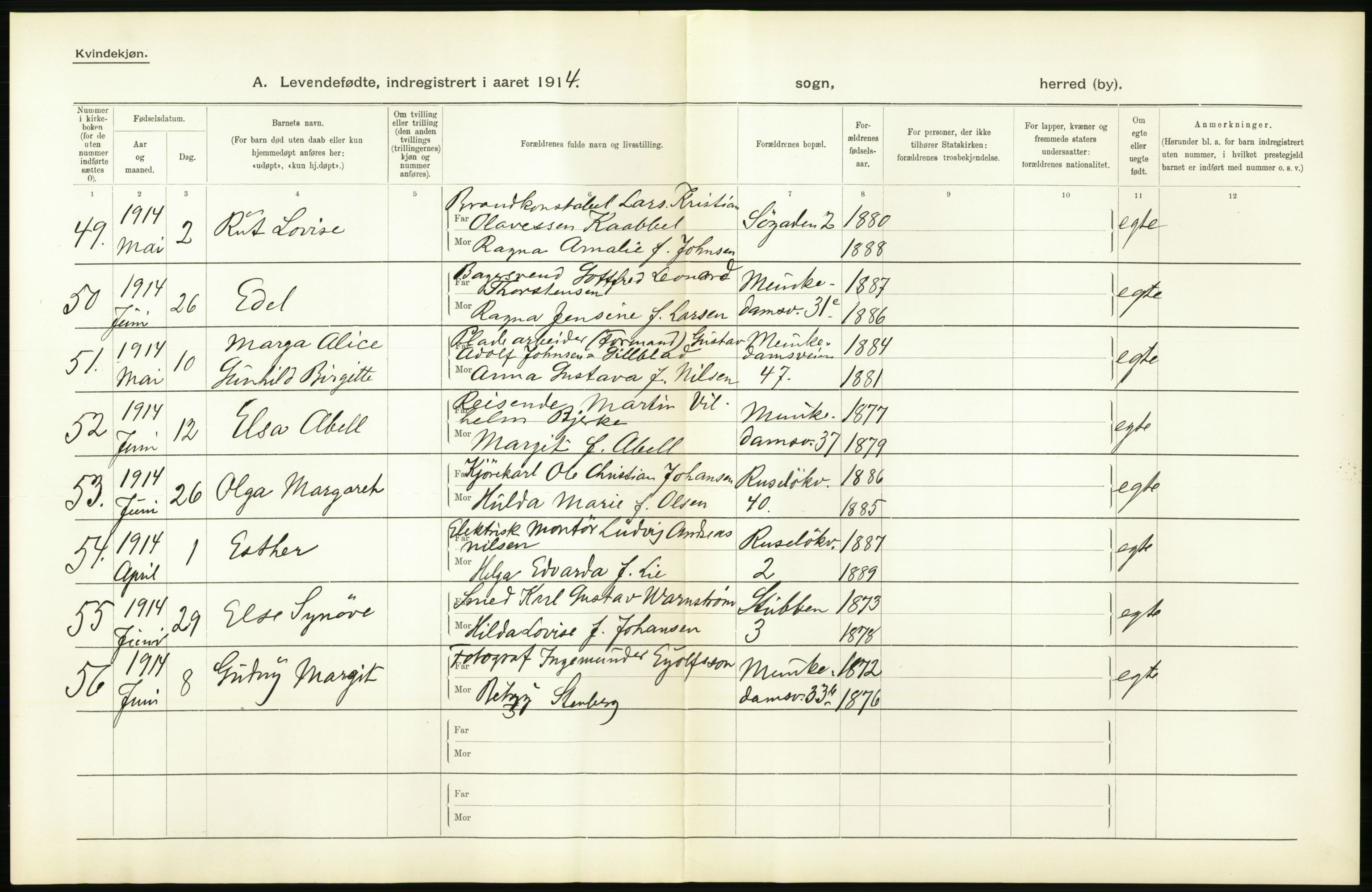 Statistisk sentralbyrå, Sosiodemografiske emner, Befolkning, AV/RA-S-2228/D/Df/Dfb/Dfbd/L0006: Kristiania: Levendefødte menn og kvinner., 1914, p. 30